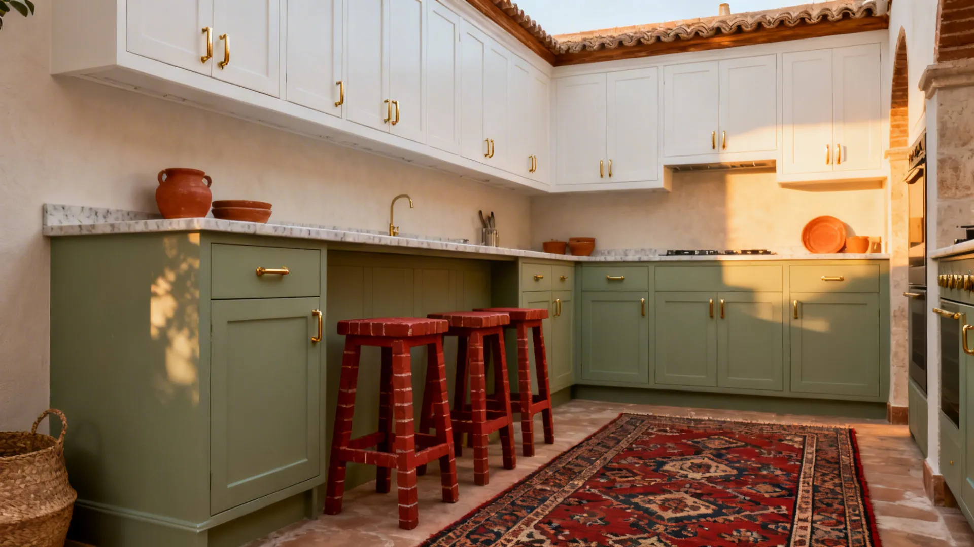 Muted sage base cabinets with brick-red stools and a Persian runner under soft daylight.