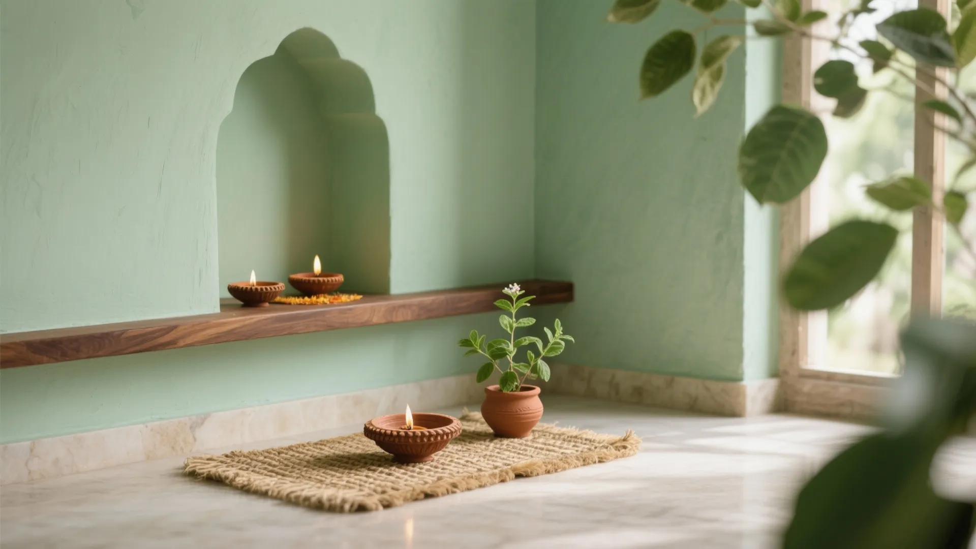 Green wall prayer room with wooden shelf candle light small green plant and marble floor