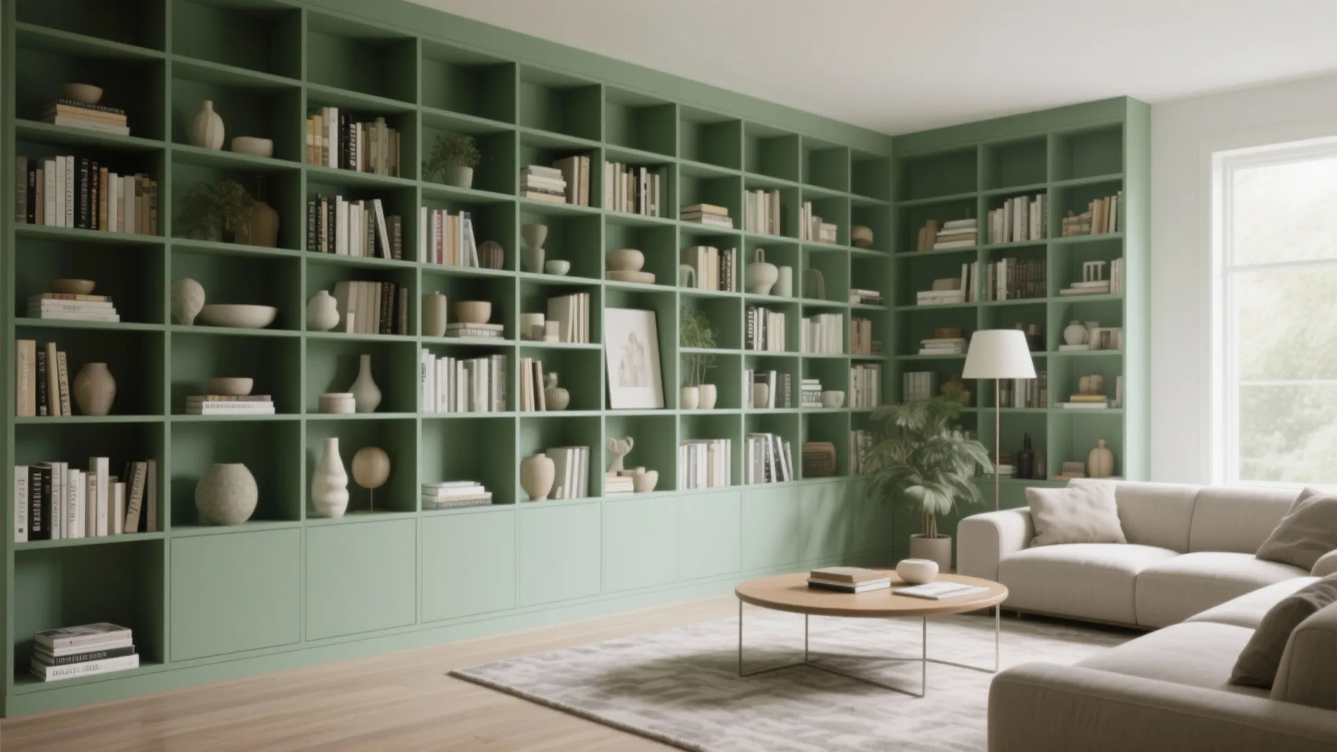 5. Sage Green Built-in Shelving