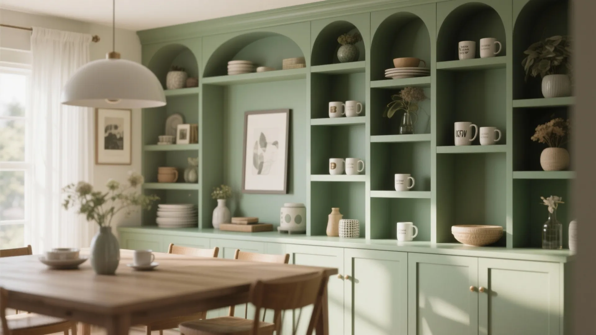 Sage green wall cabinet with arched shelves displaying mugs and plates next to wooden dining table