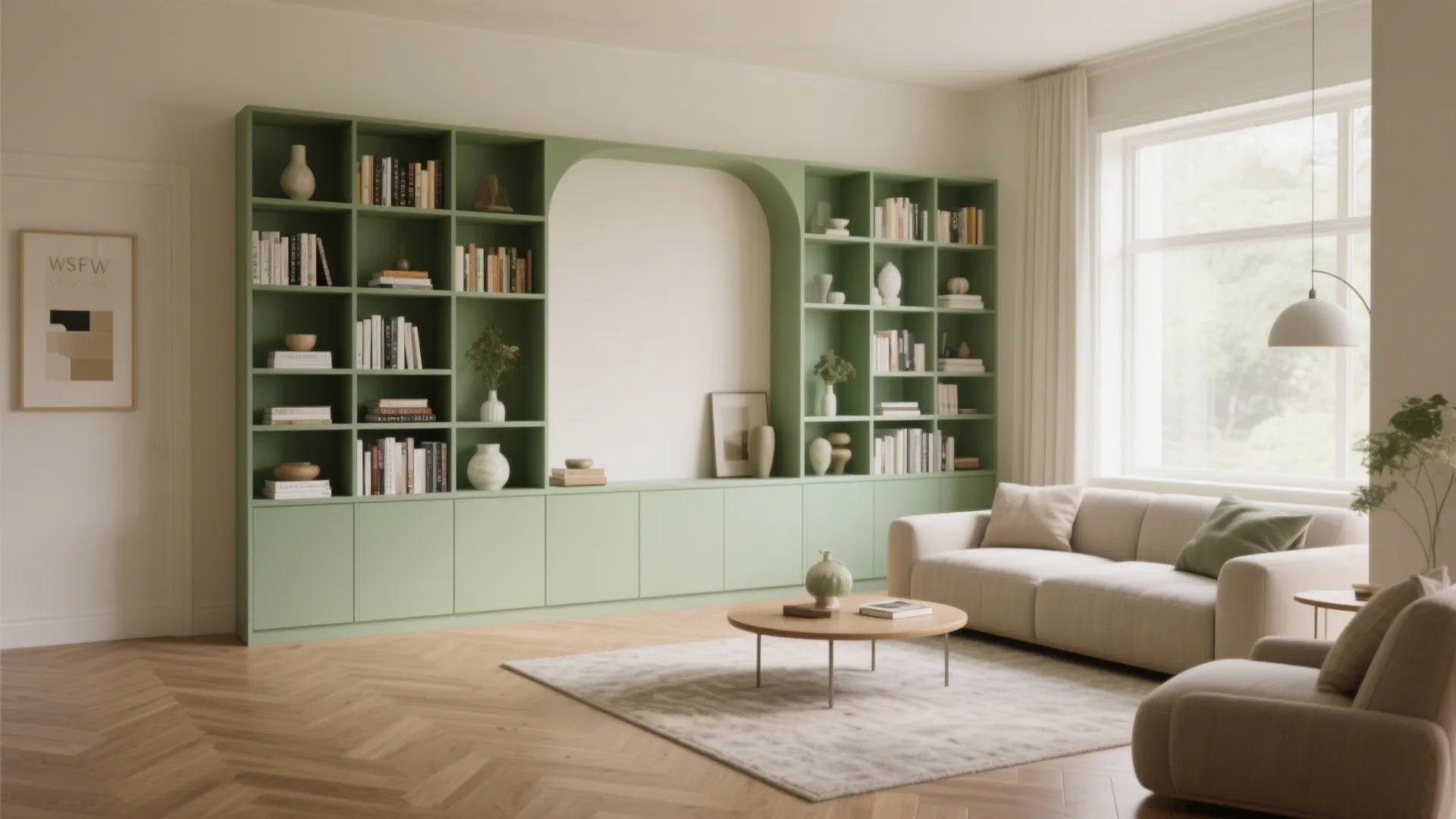 Sage green built-in living room shelves with decor