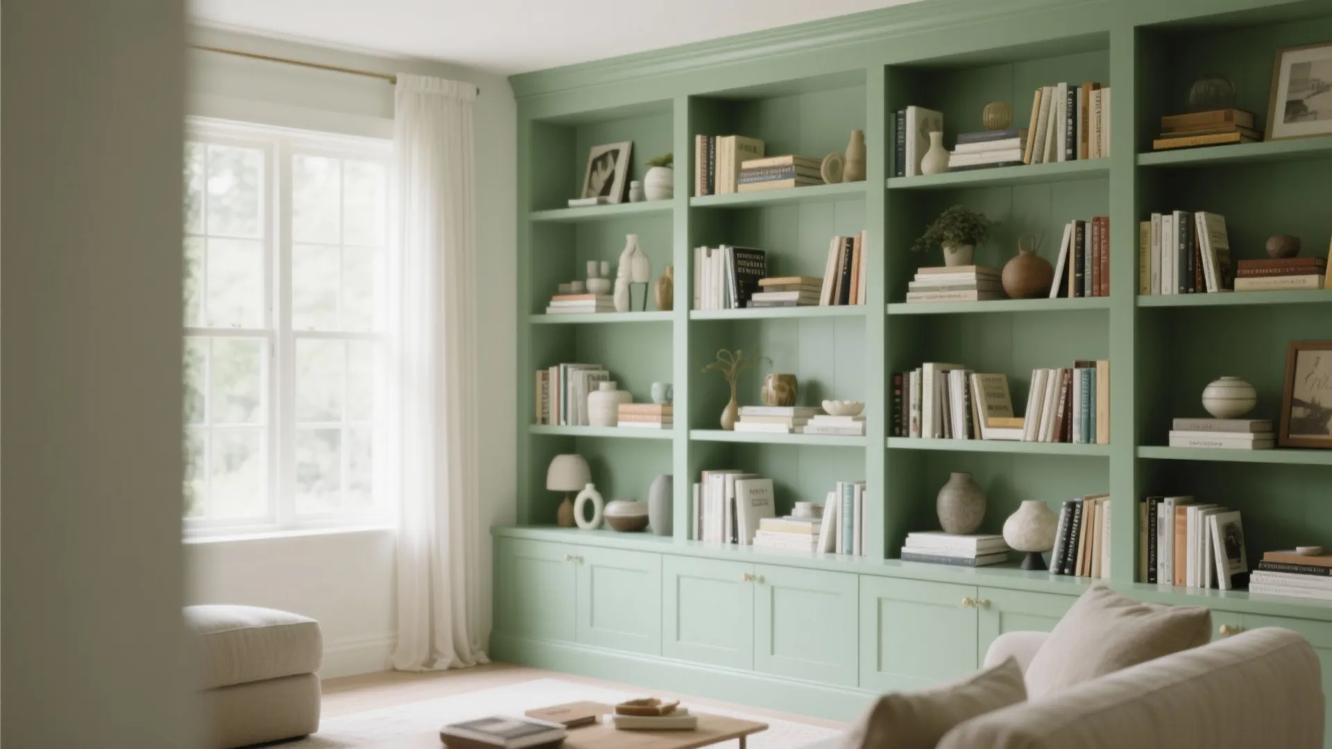 7. Sage Green Built-in Shelving