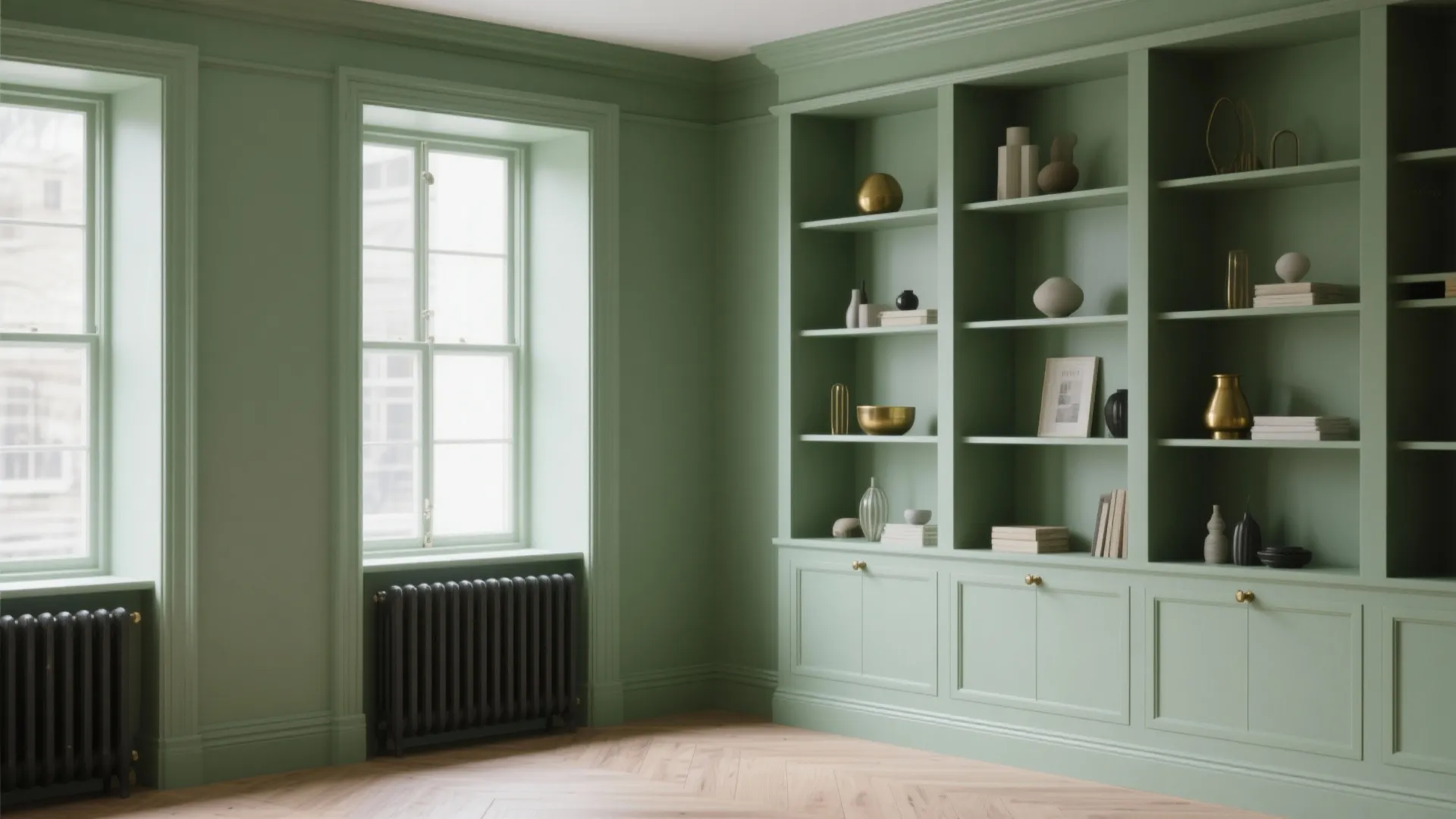 3. Paint built-ins and trim the same sage for depth