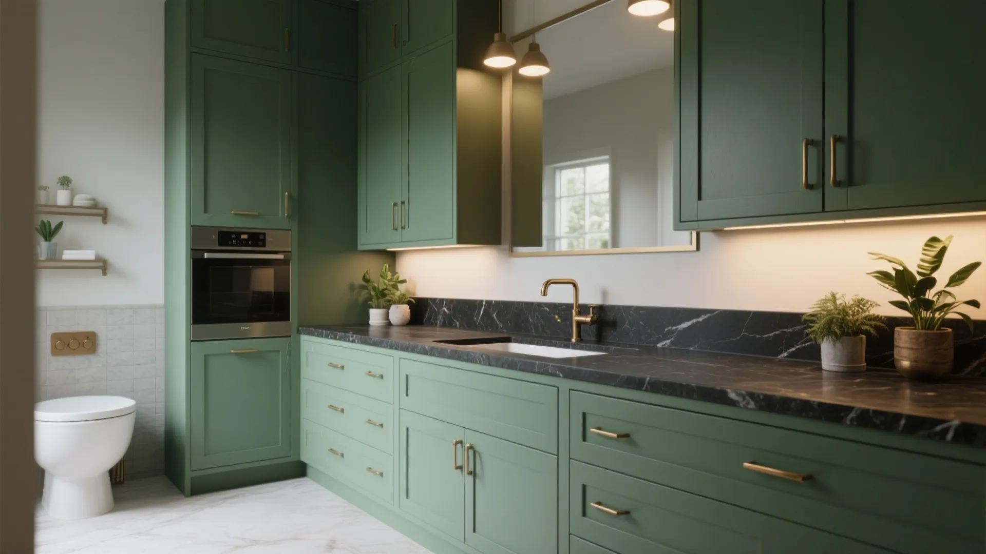 2. Green cabinetry against black countertops