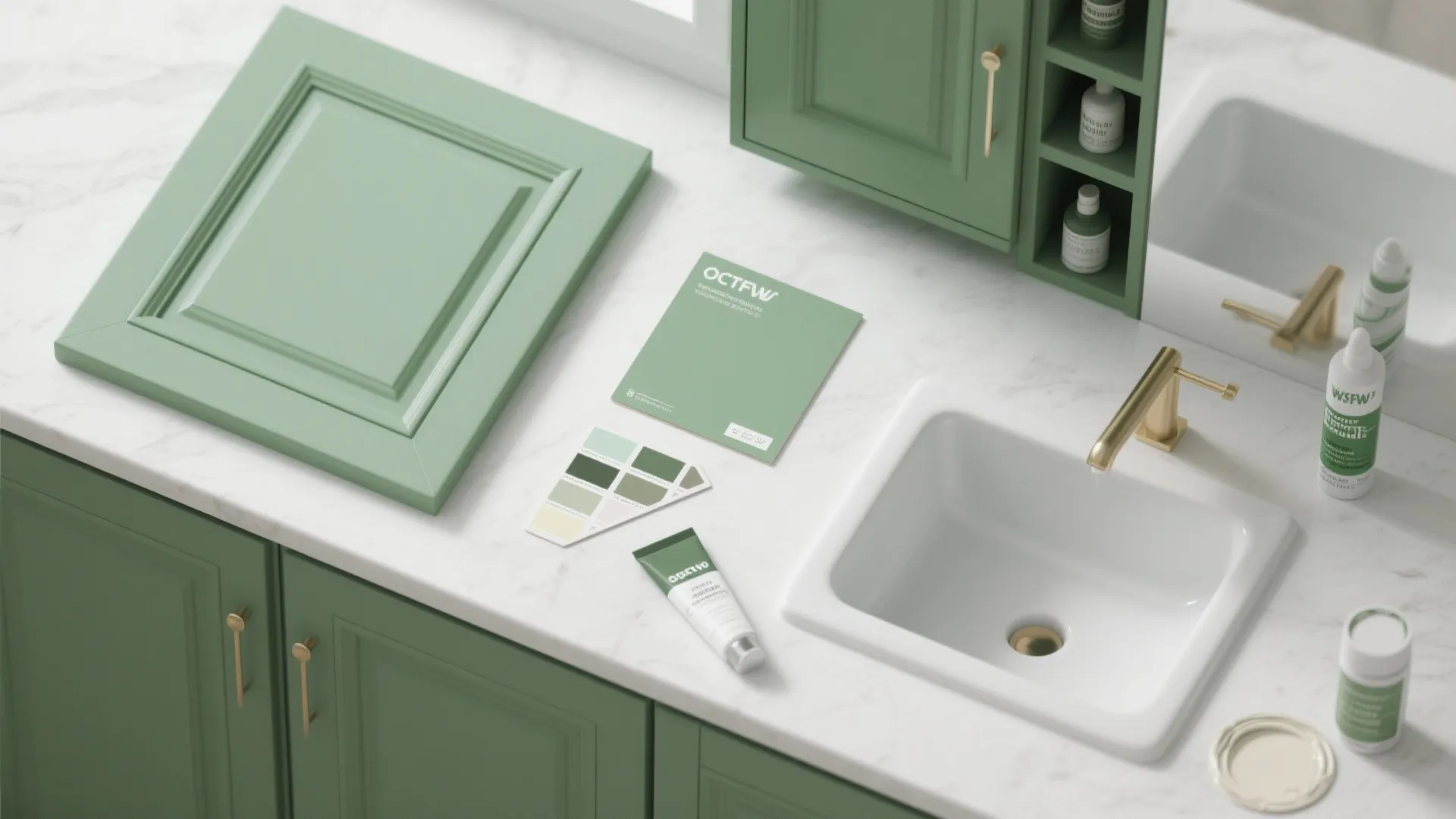 6. Sage Green Cabinet Fronts with White Sink
