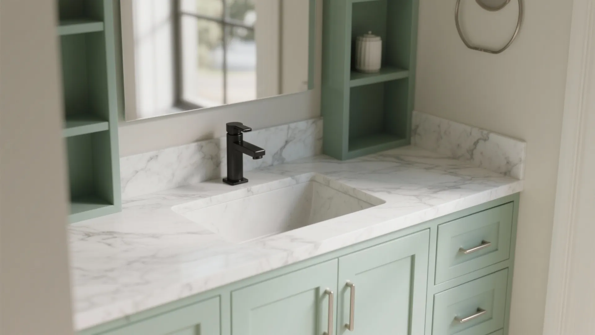 5. Pale Sage Cabinets and Marble-Effect White Countertops