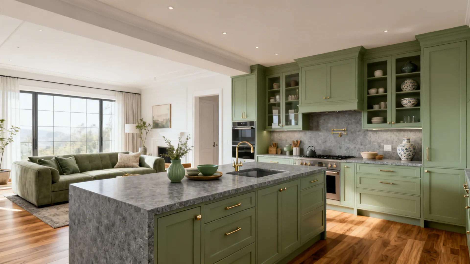 Open-plan living area with sage green cabinetry and grey stone countertops.