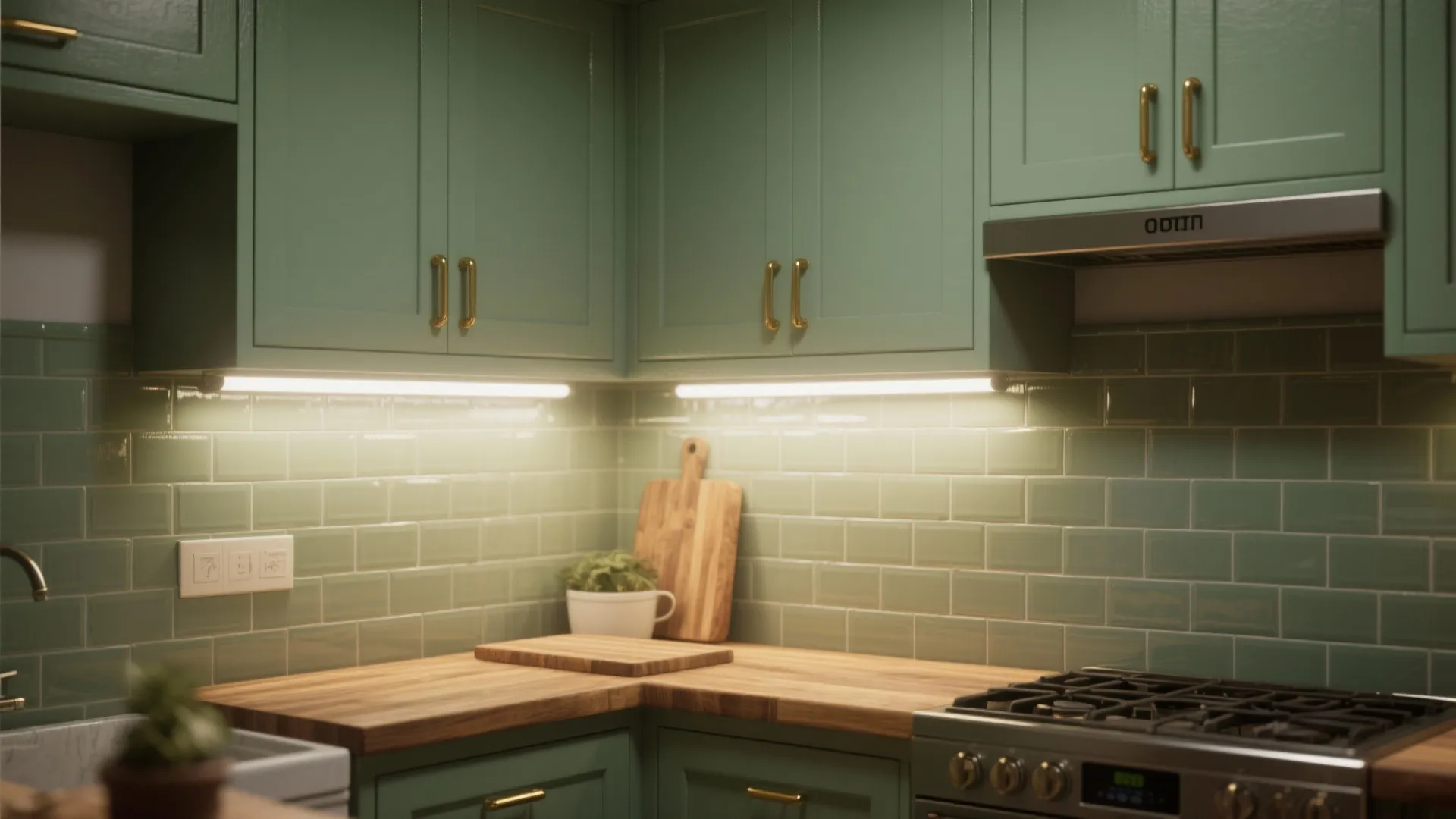 Sage green kitchen cabinets with gold handles wooden countertop green tile backsplash and under cabinet lighting