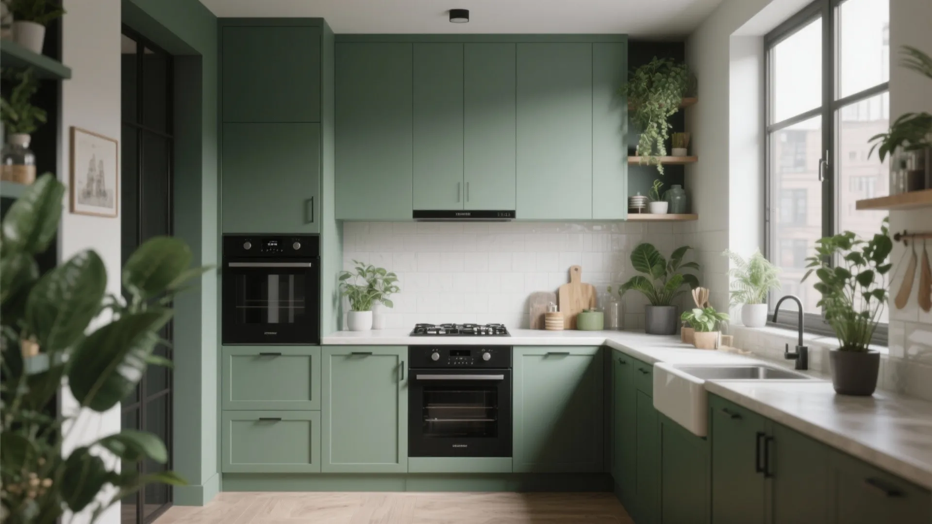 Modern green kitchen with black oven white tile backsplash wood floor potted plants and natural light