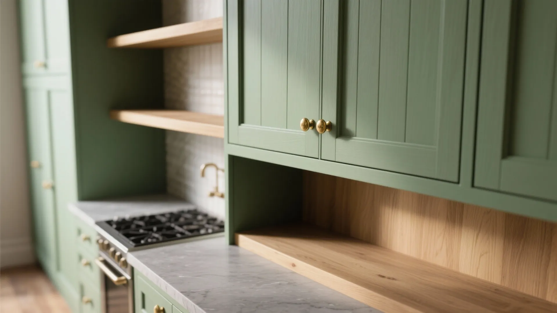 Close up of sage green kitchen cabinet doors with gold handles and wooden open shelves