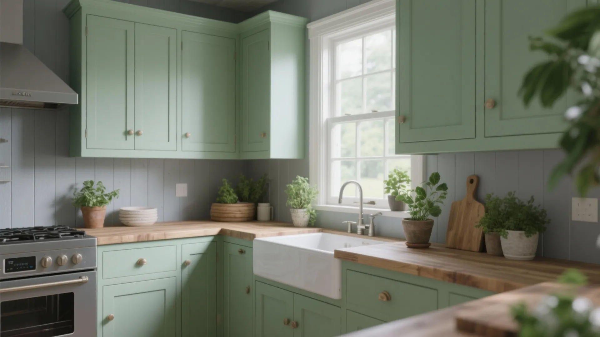 Light green kitchen cabinets with wood countertops white farmhouse sink and green plants by the window