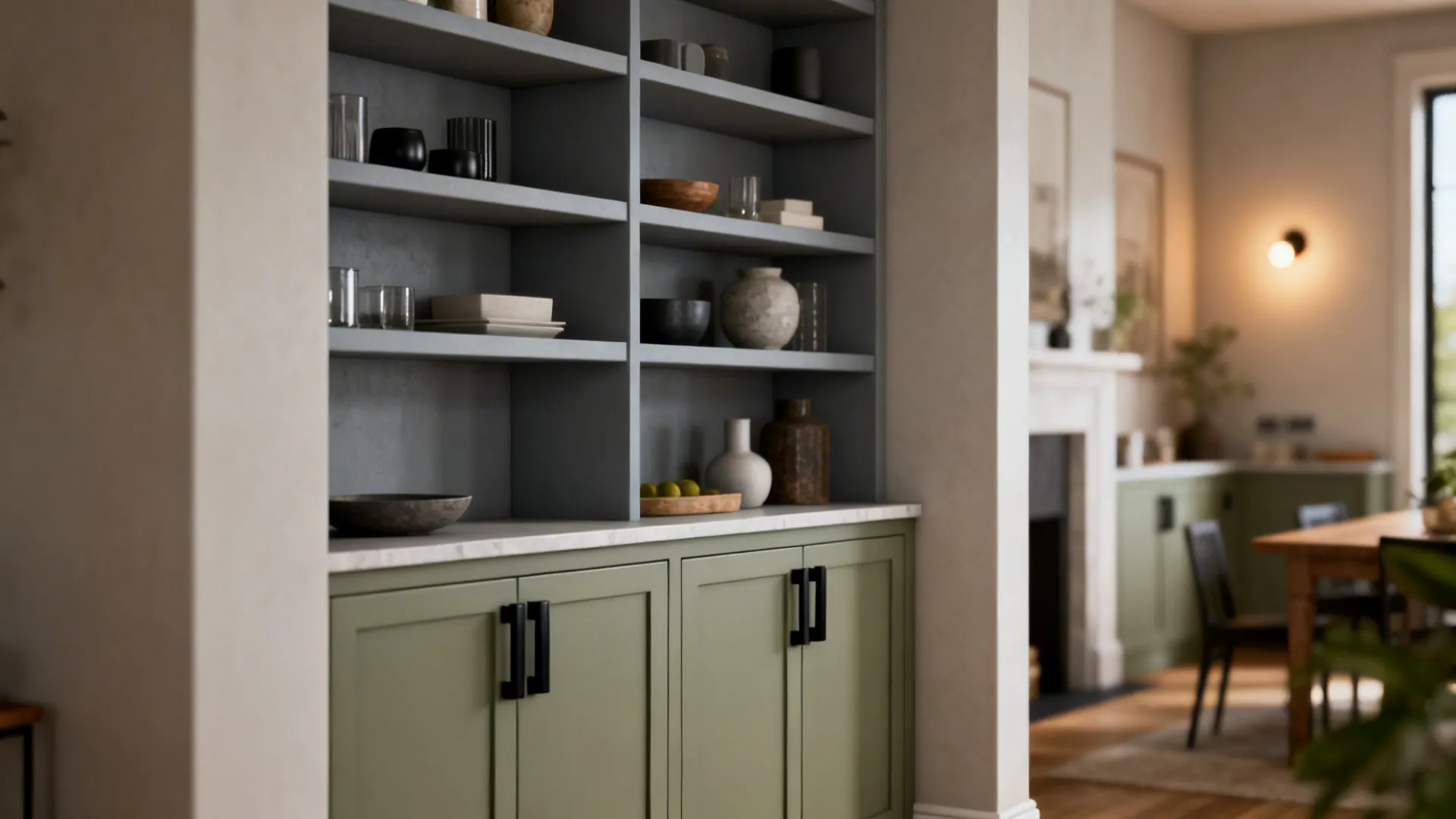 4. Sage Accent Cabinets + Grey Open Shelving