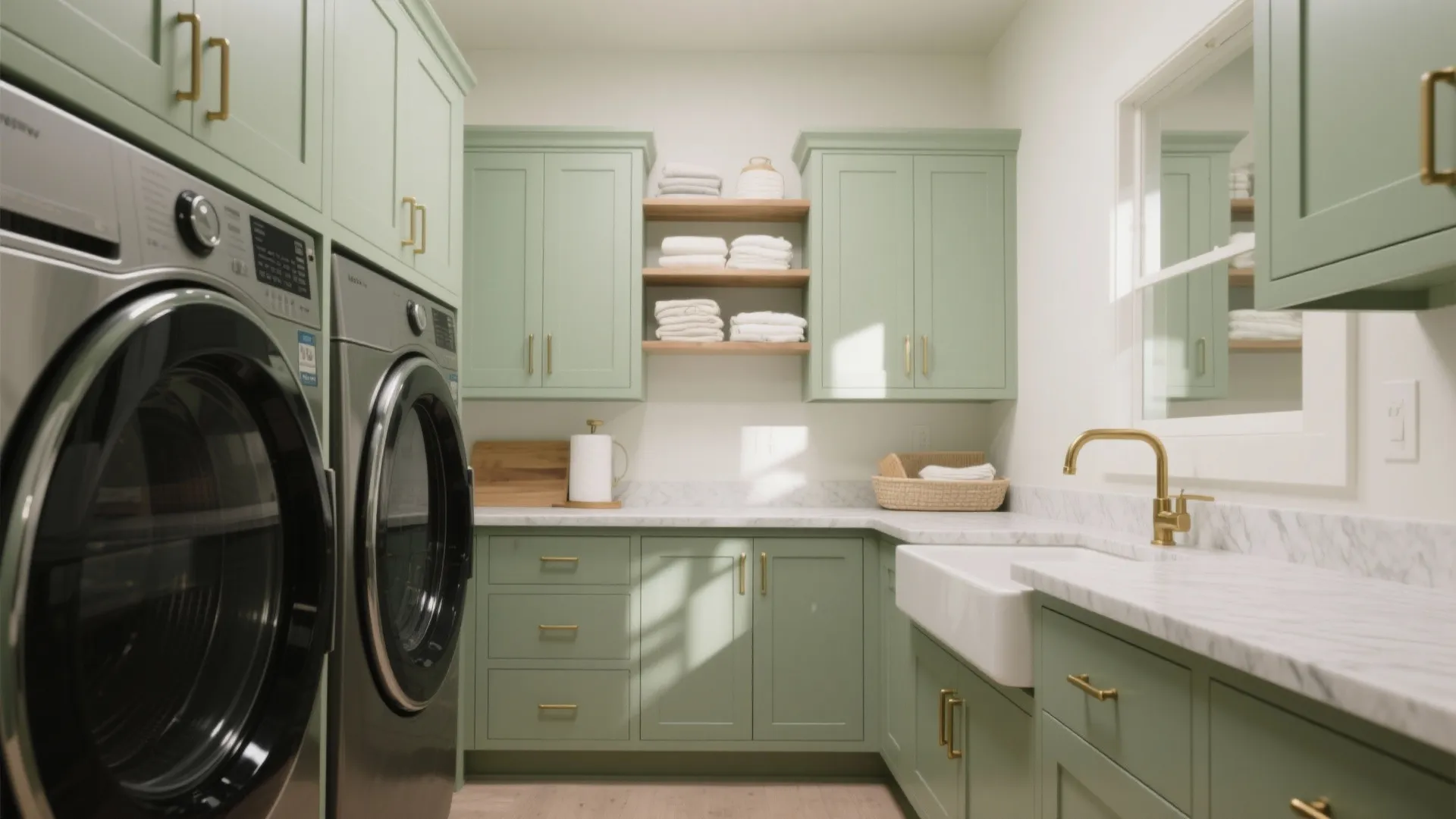 Sage green laundry cabinets with warm white walls, brass hardware, and soft daylight for a calm feel.