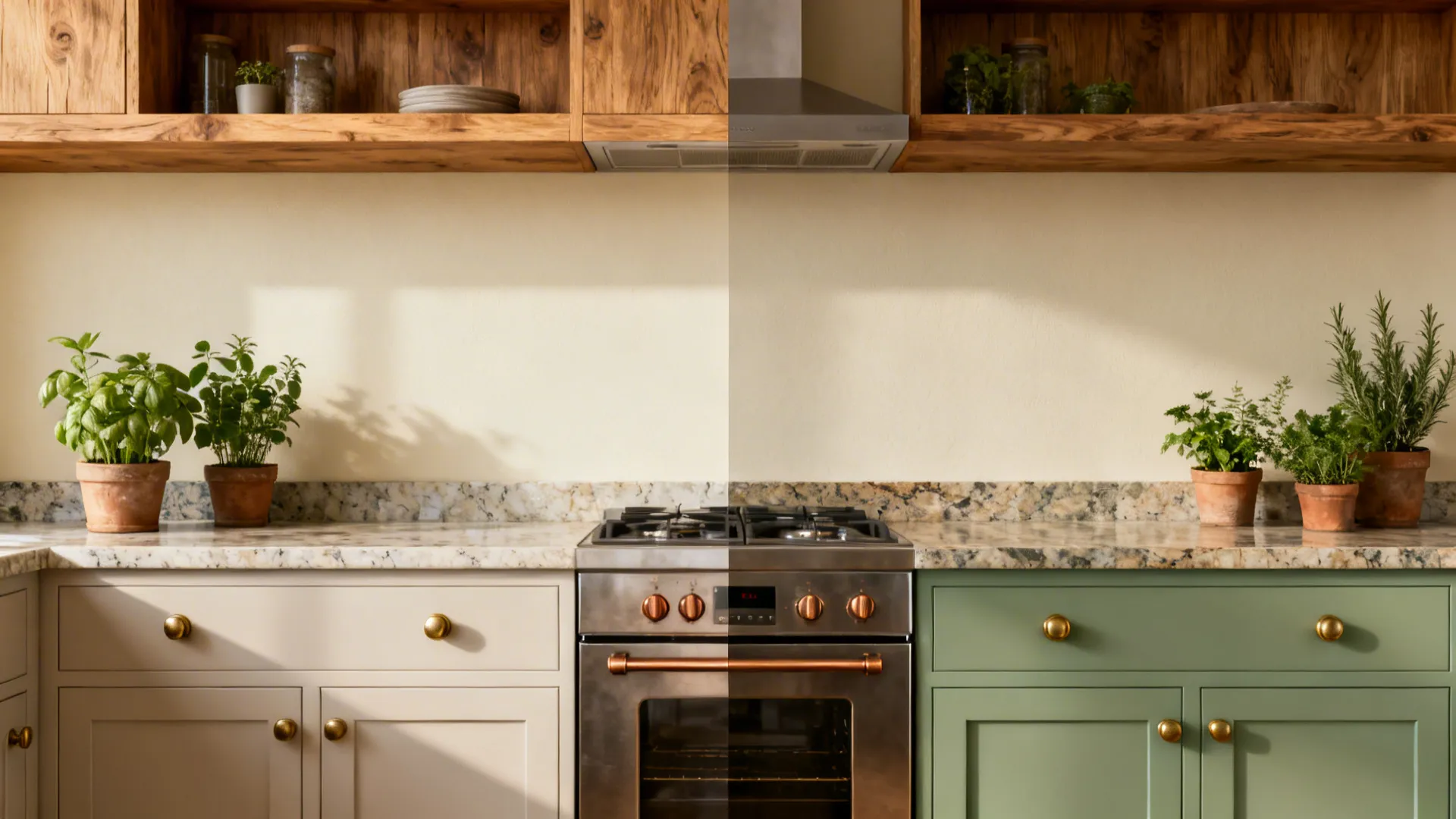 Sage green lower cabinets with natural oak shelving balance quartz counters and brass hardware.