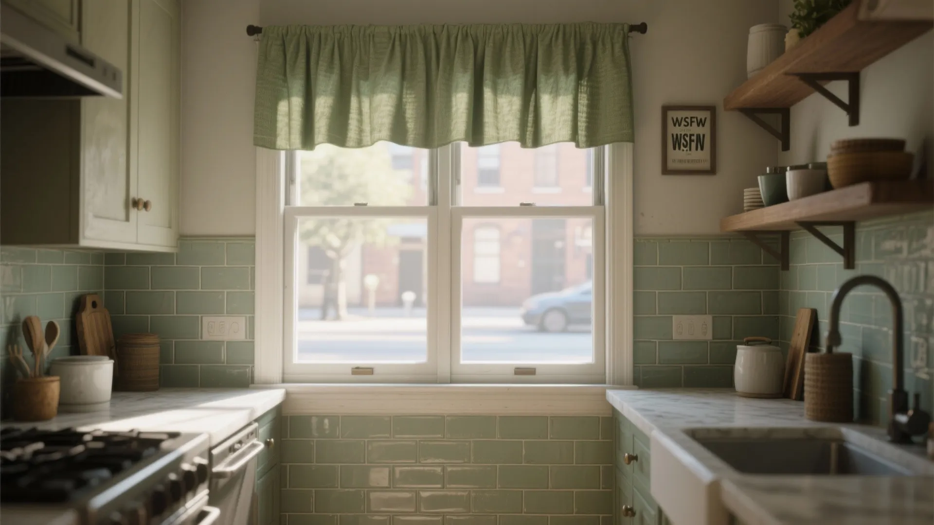 Cozy kitchen window with sage green curtain mint wall tiles white marble countertop and wooden shelves
