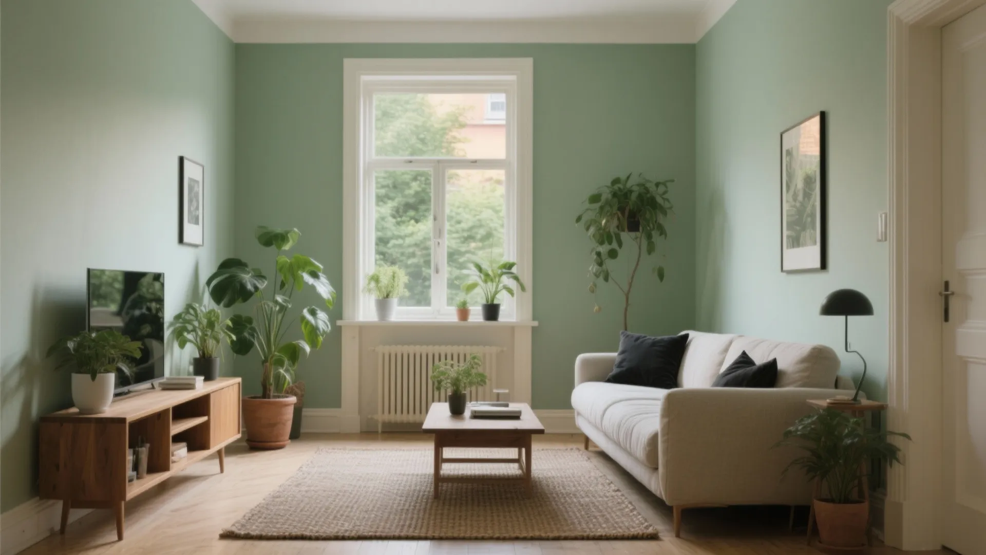 Bright living room with sage green walls white sofa wooden cabinet many plants and window