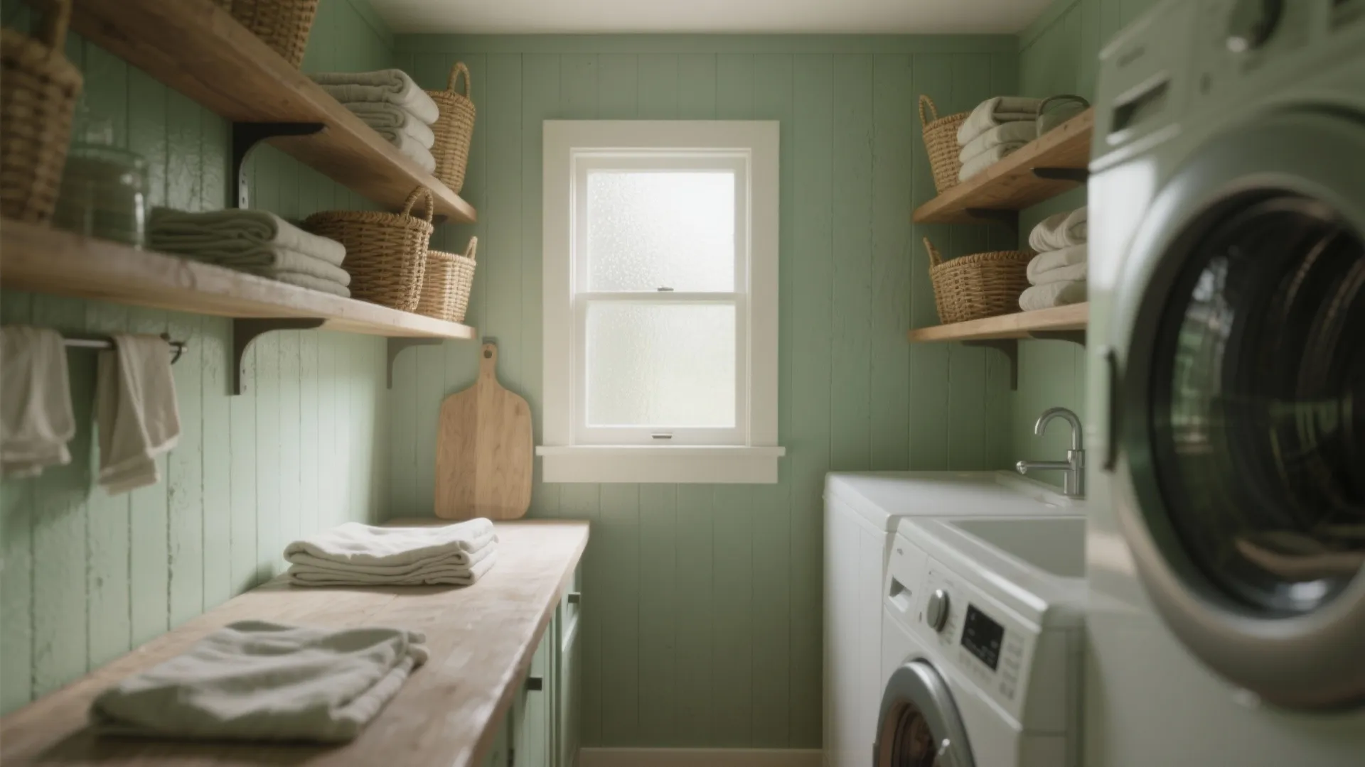 Small laundry room with soft sage green walls, oak shelves and woven storage for a calm utility space.