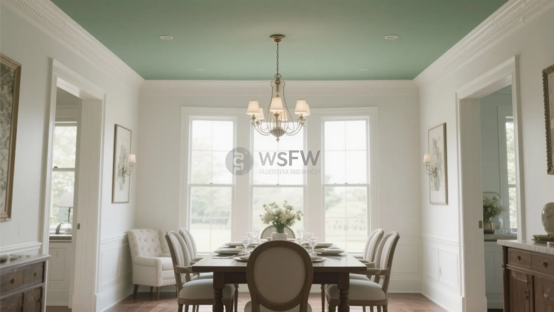 Elegant dining room with sage green ceiling white walls wooden table and hanging ceiling light