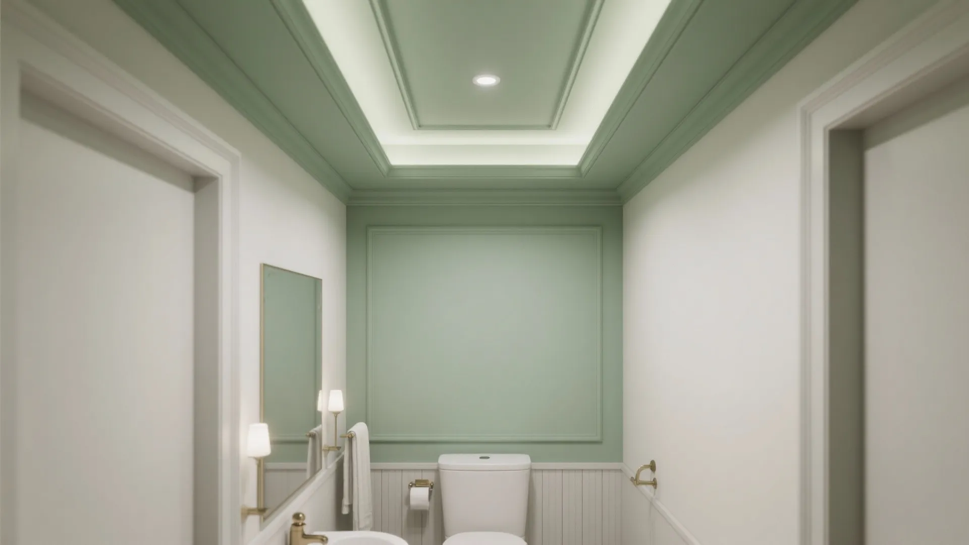 Elegant bathroom with green ceiling light detail white wall panel toilet mirror and soft warm lighting