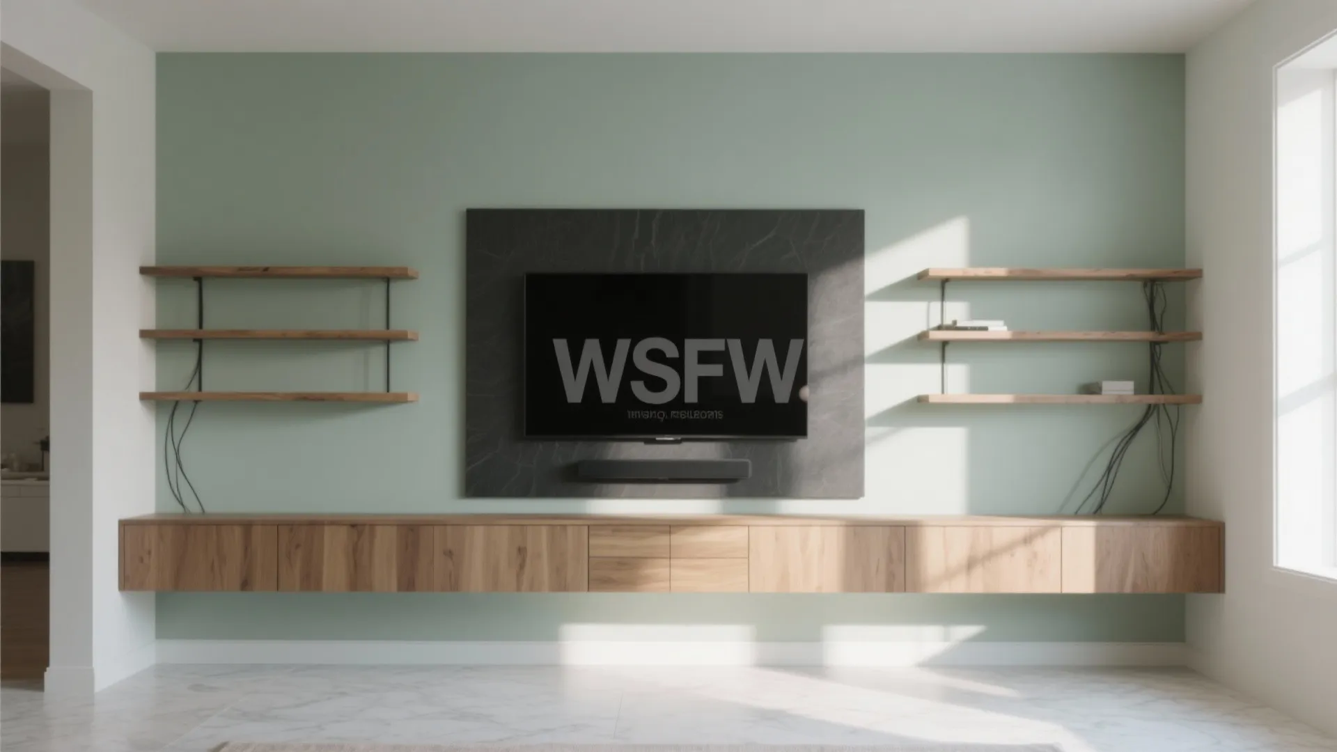 Soft sage living room with charcoal media wall, oak shelves, and marble floor in balanced natural light