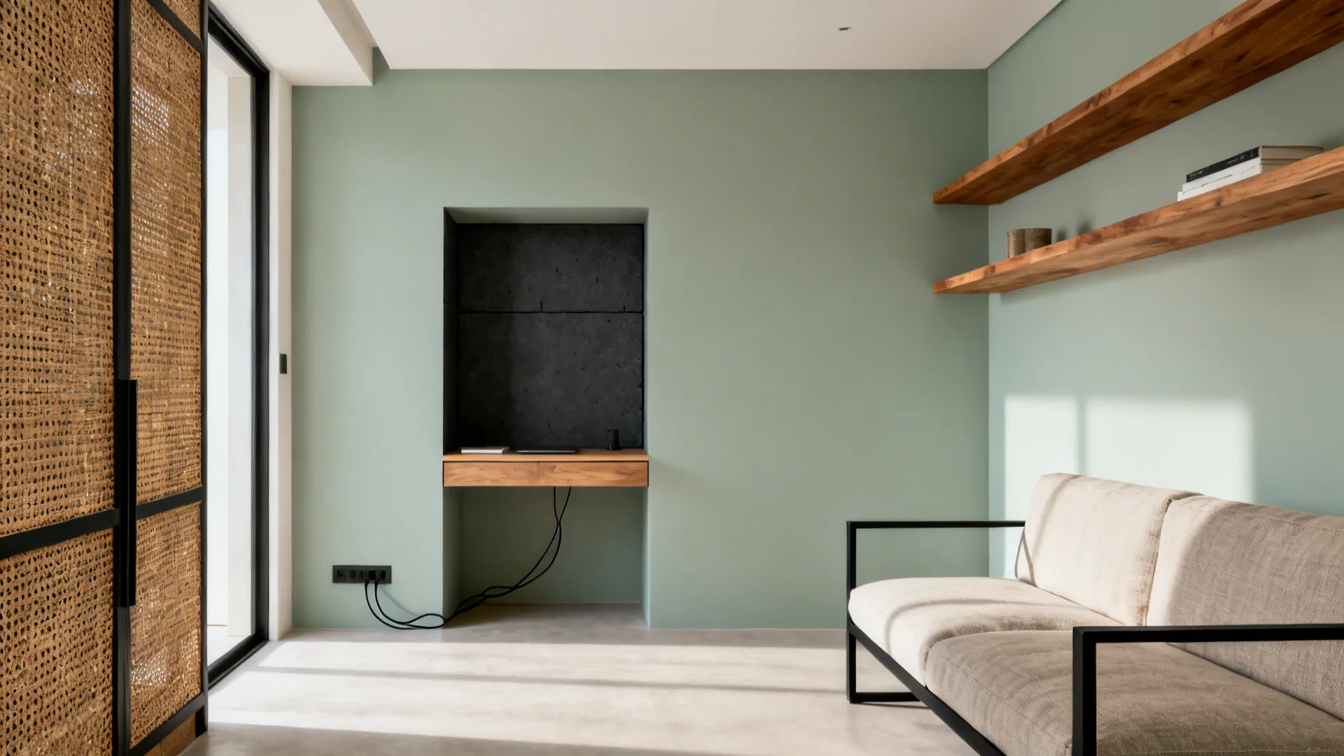 Sage green room featuring built in desk wooden wall shelves and beige sofa with black legs