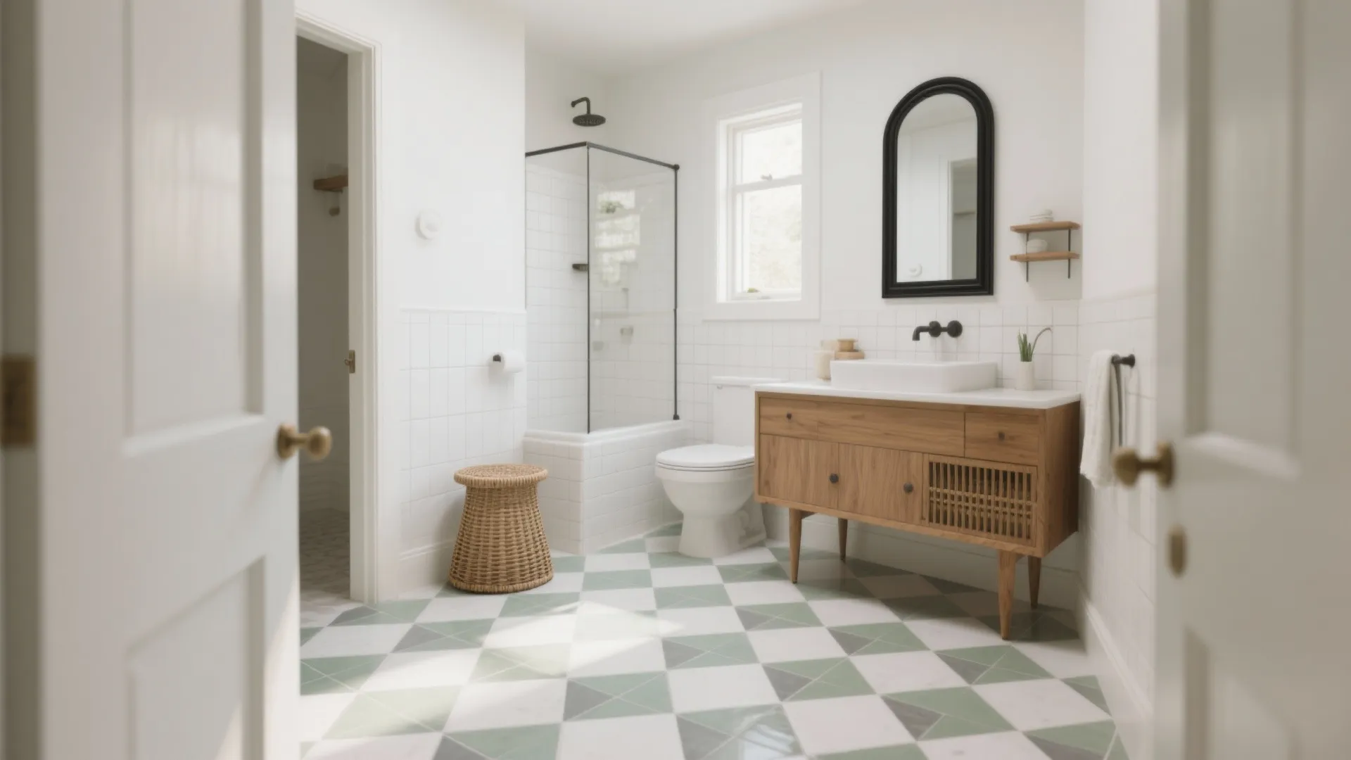 Sage and white checkerboard floor for vintage charm