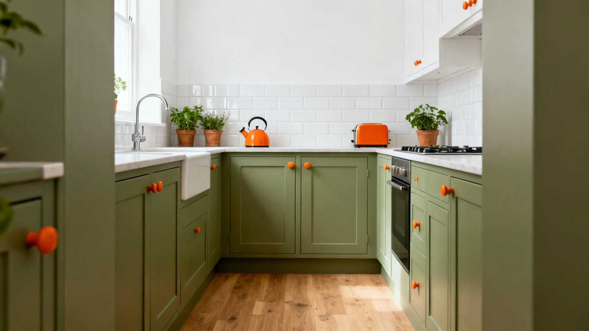 Galley kitchen with sage cabinets and orange hardware accents under soft daylight.