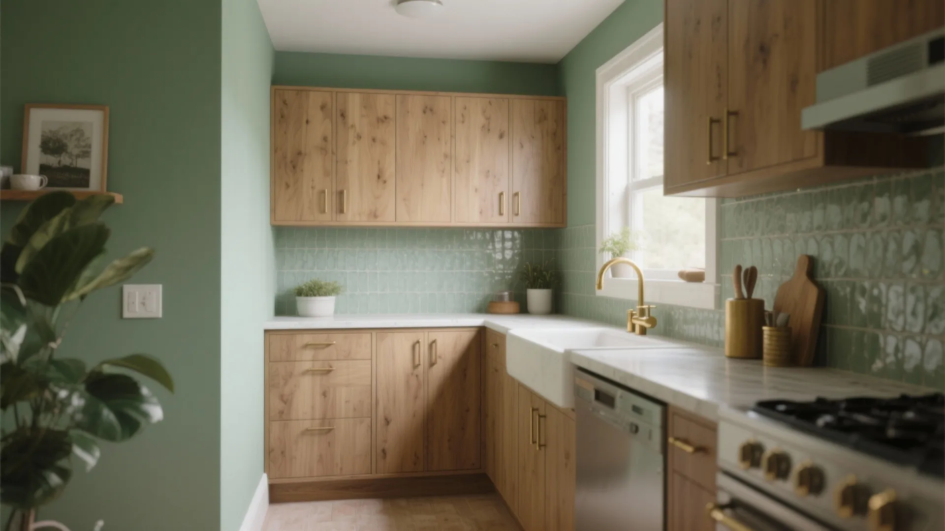 Small kitchen featuring sage green walls, wood cabinets, green tiled backsplash, white sink, and faucet
