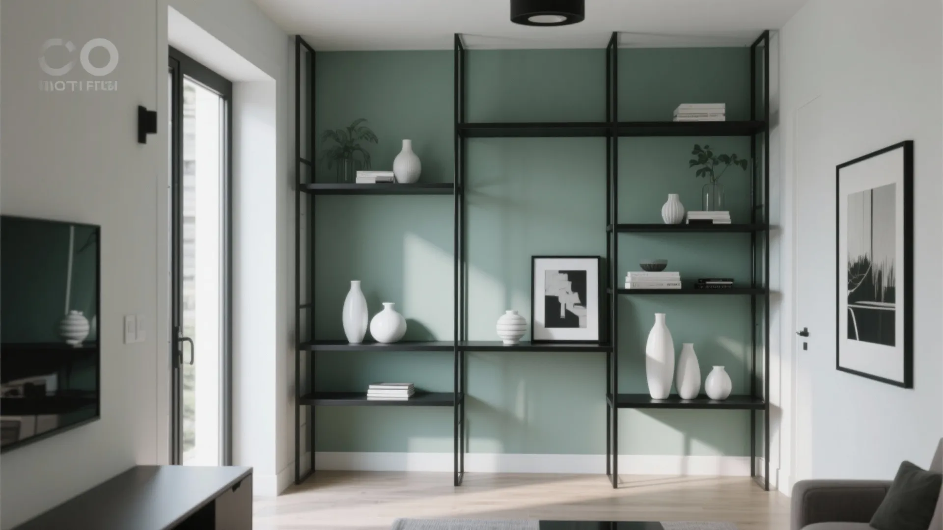 Modern living room featuring sage green wall black metal shelf white vases and wood floor
