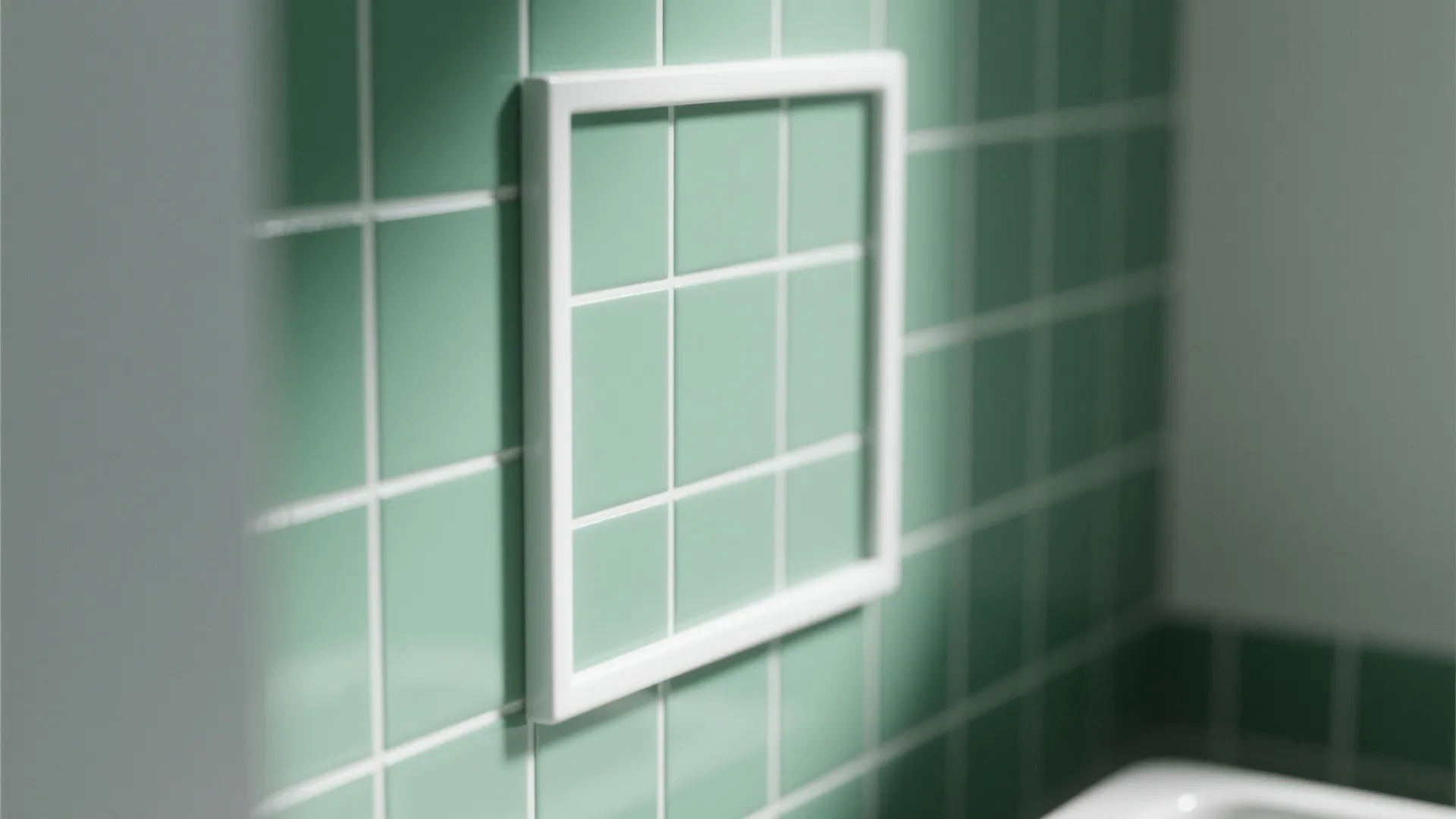 Green square wall tiles with white border detail showing clean lines in a modern bathroom