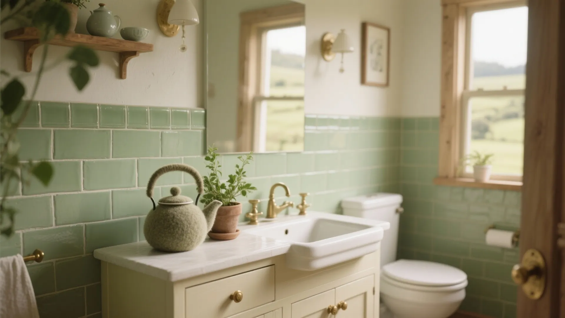 Sage green tiled bathroom featuring cream cabinet white sink gold faucet wall light and toilet