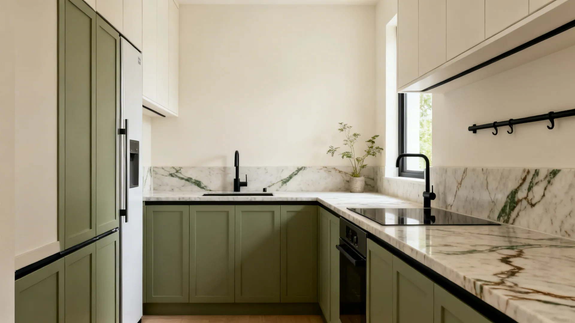 Sage lower cabinets with cream walls and subtle matte black accents in a small kitchen.