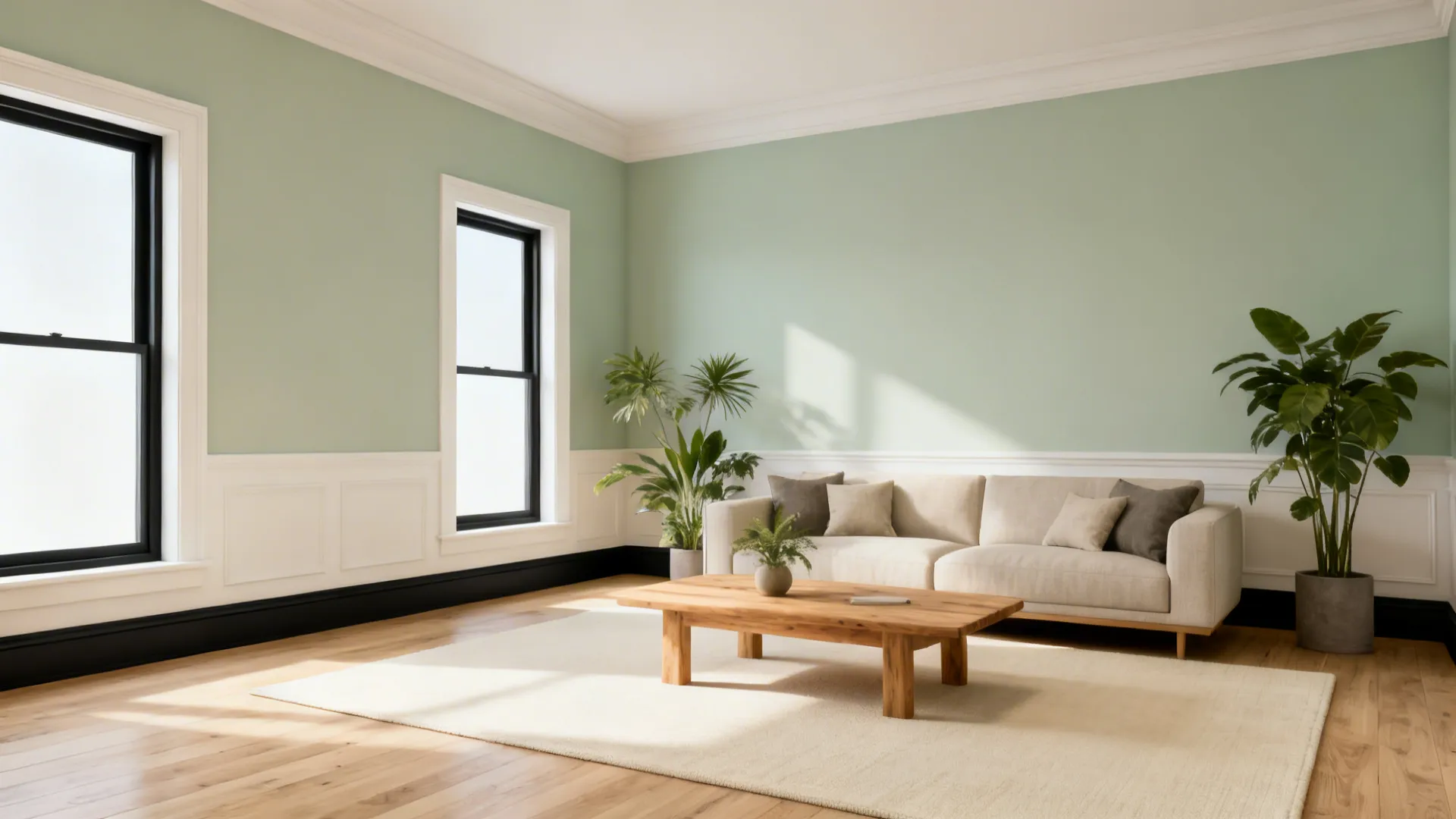 Living room with soft sage and cream walls, charcoal trim, and light oak flooring.