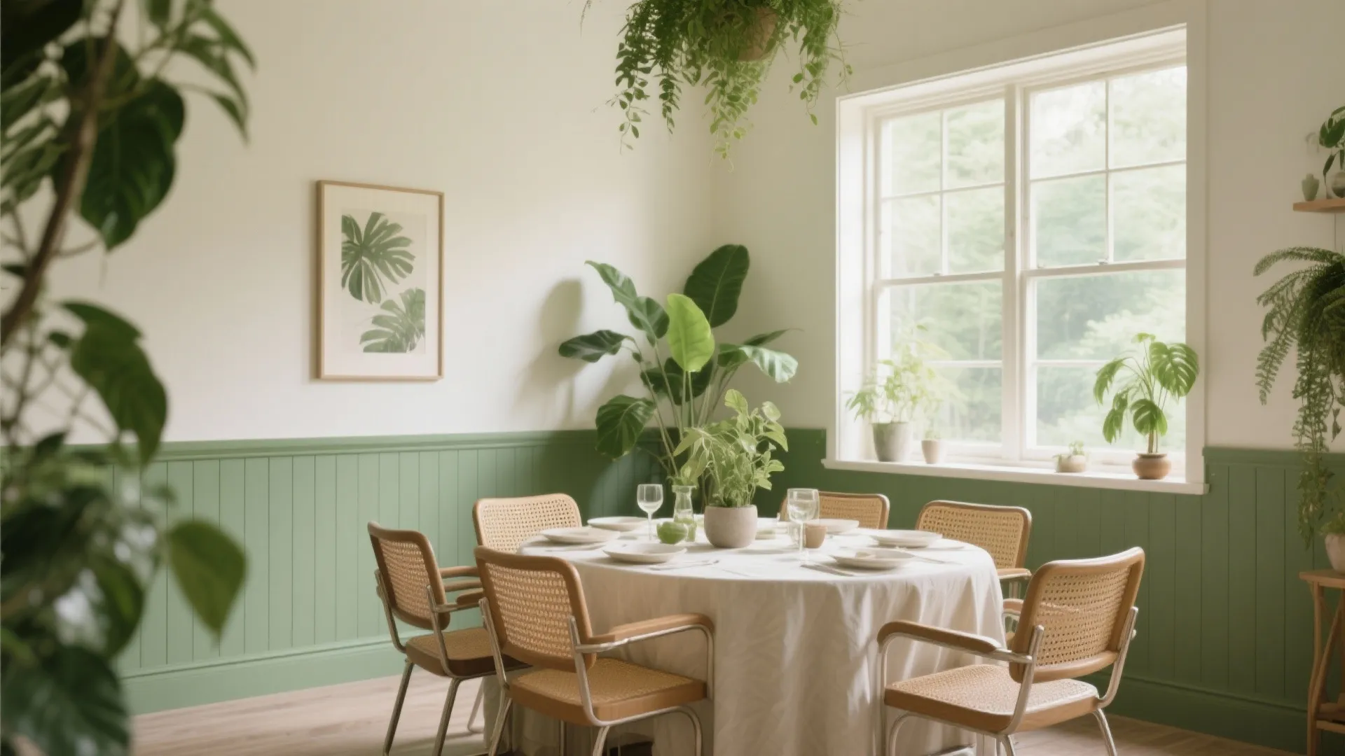 Sage green and cream dining room with rattan chairs