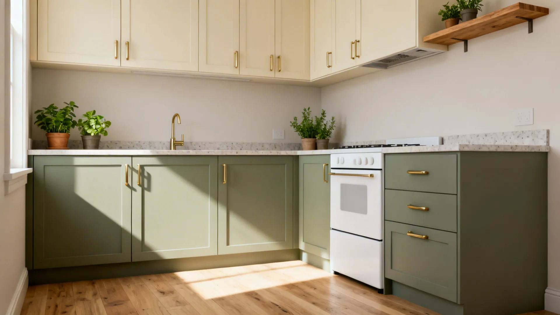 East-facing small kitchen with muted sage bases and cream uppers in morning light.