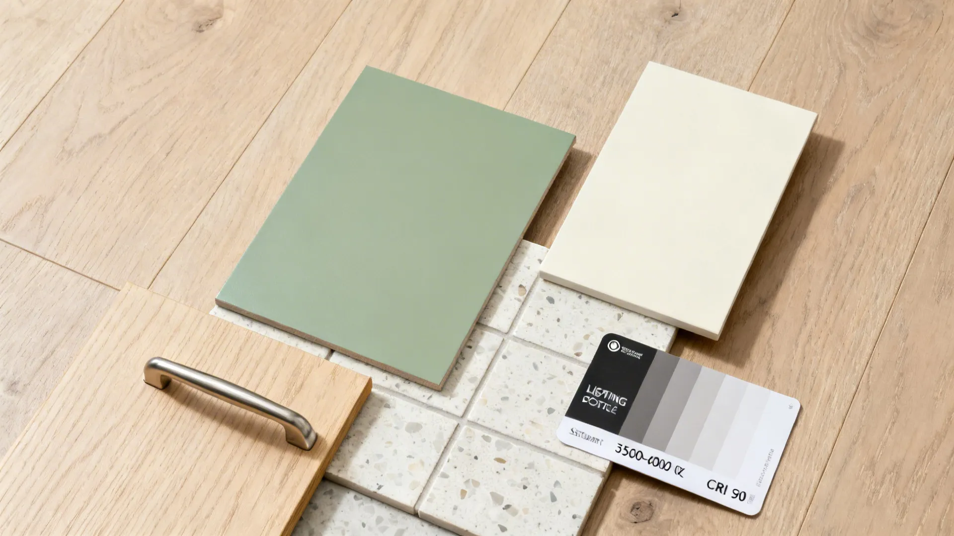 Flatlay of sage and cream laminates with terrazzo tile, nickel hardware, and oak flooring.
