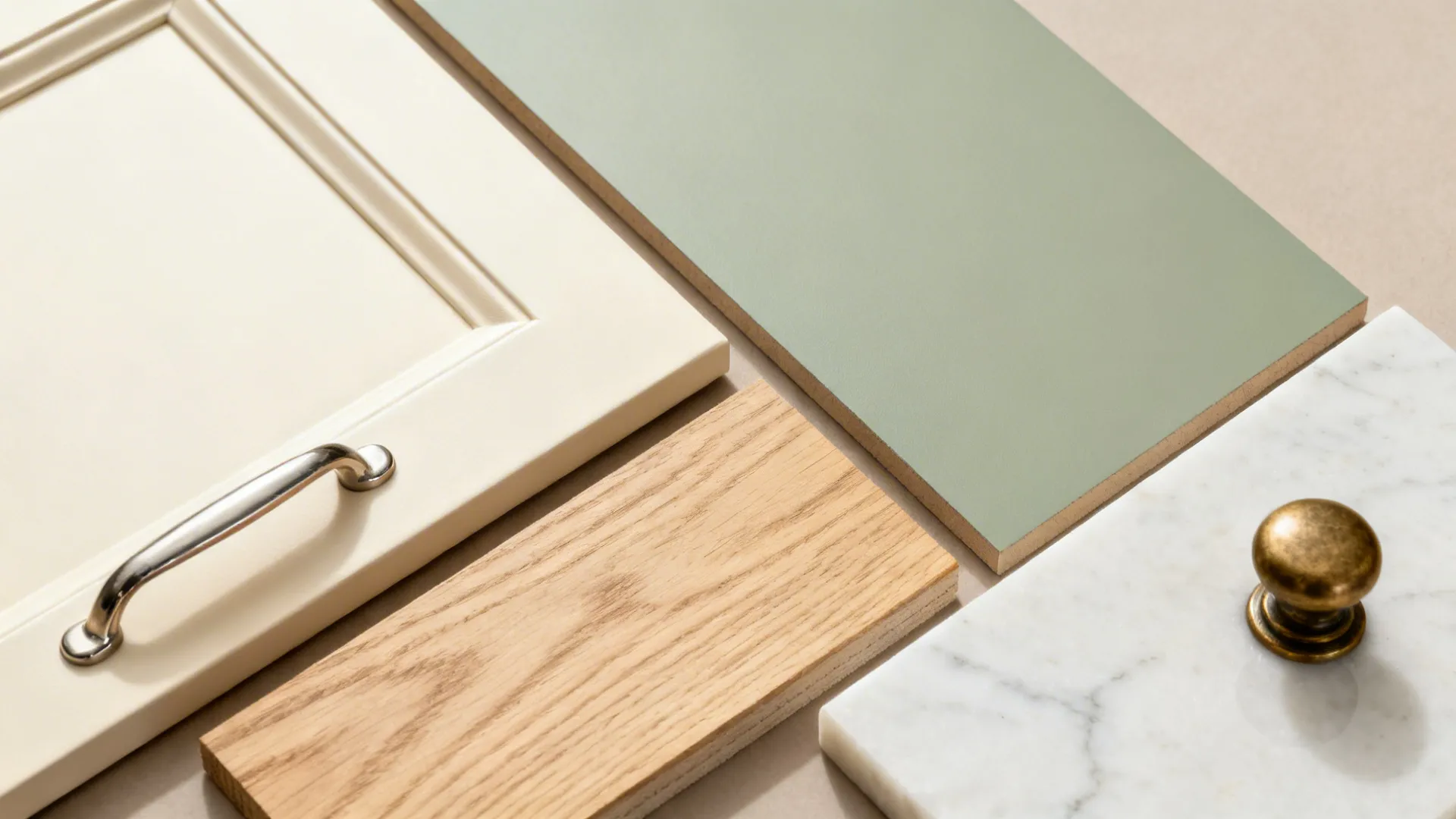 Flat lay of cream, sage, light oak, warm white quartz, and mixed metal hardware.