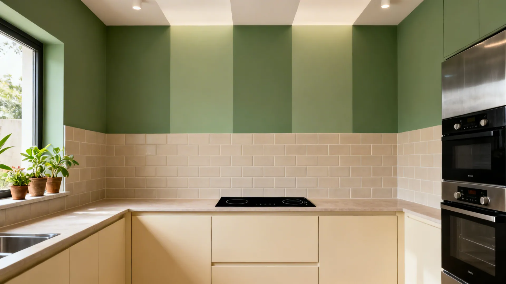 Small Indian kitchen with sage upper walls and creamy neutrals, textured tiles, and plants.