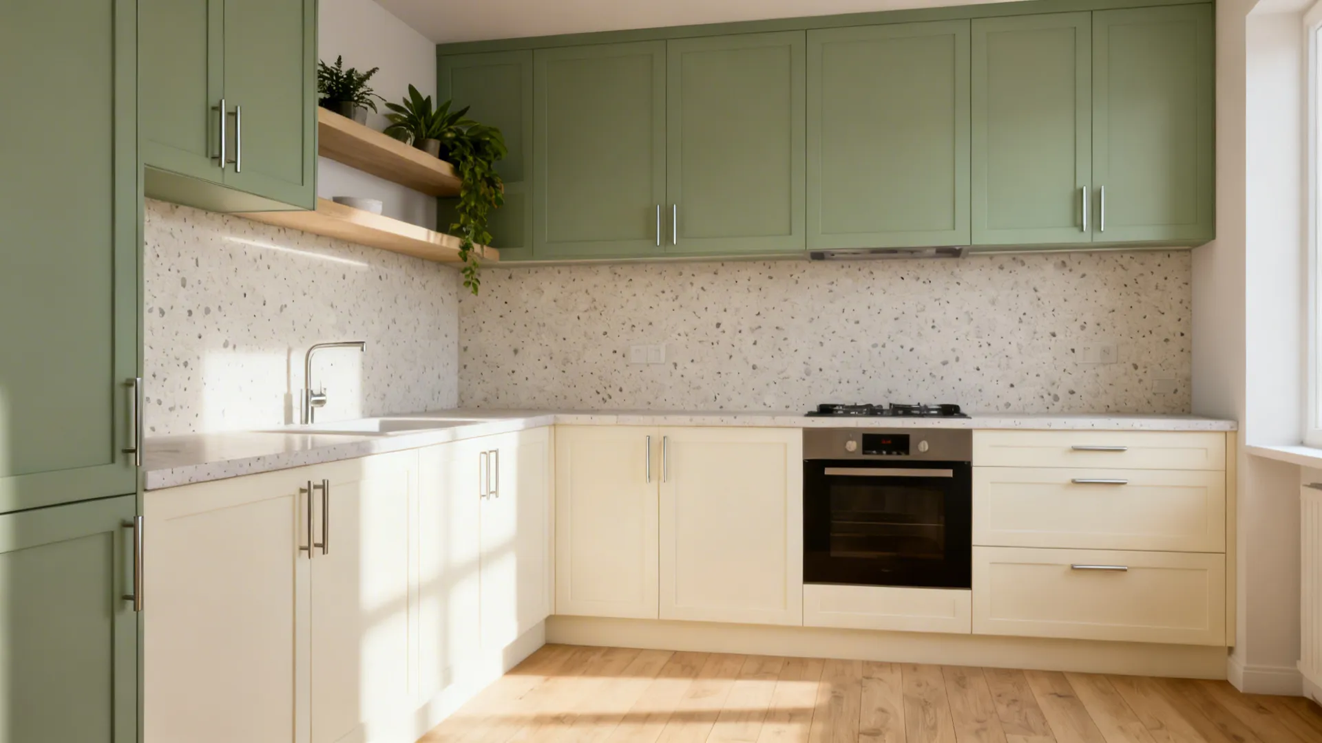 Small kitchen with sage green uppers and cream lowers, soft daylight and natural accents.