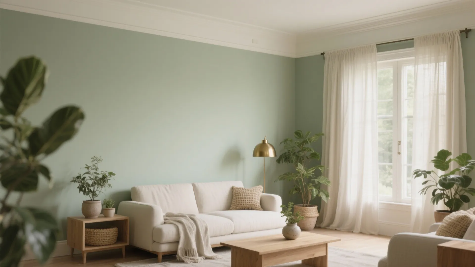 Sage green living room with white sofa wooden coffee table gold floor lamp and white curtain