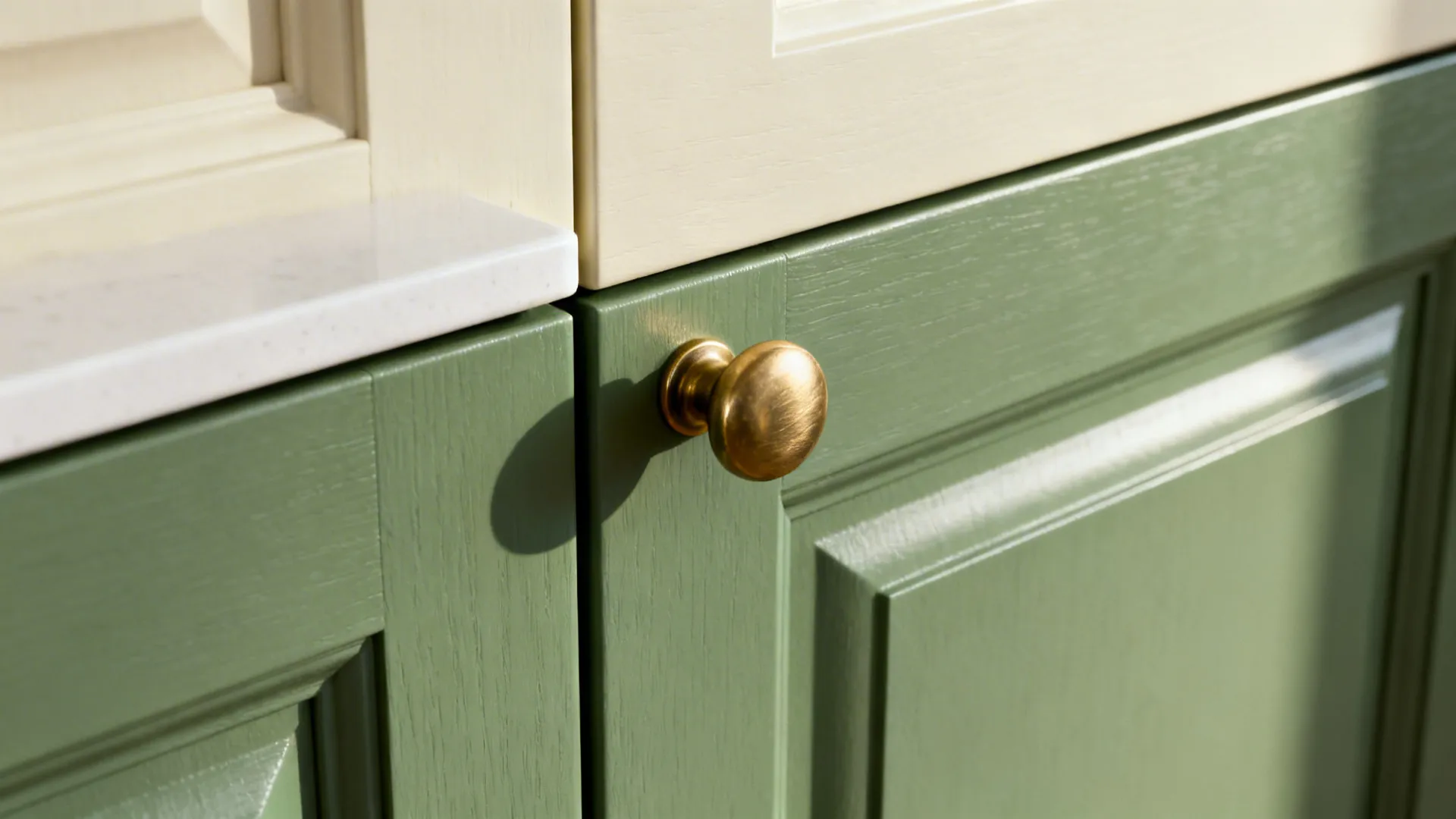 Macro of sage cabinet, cream upper, and a brushed brass pull in soft light.