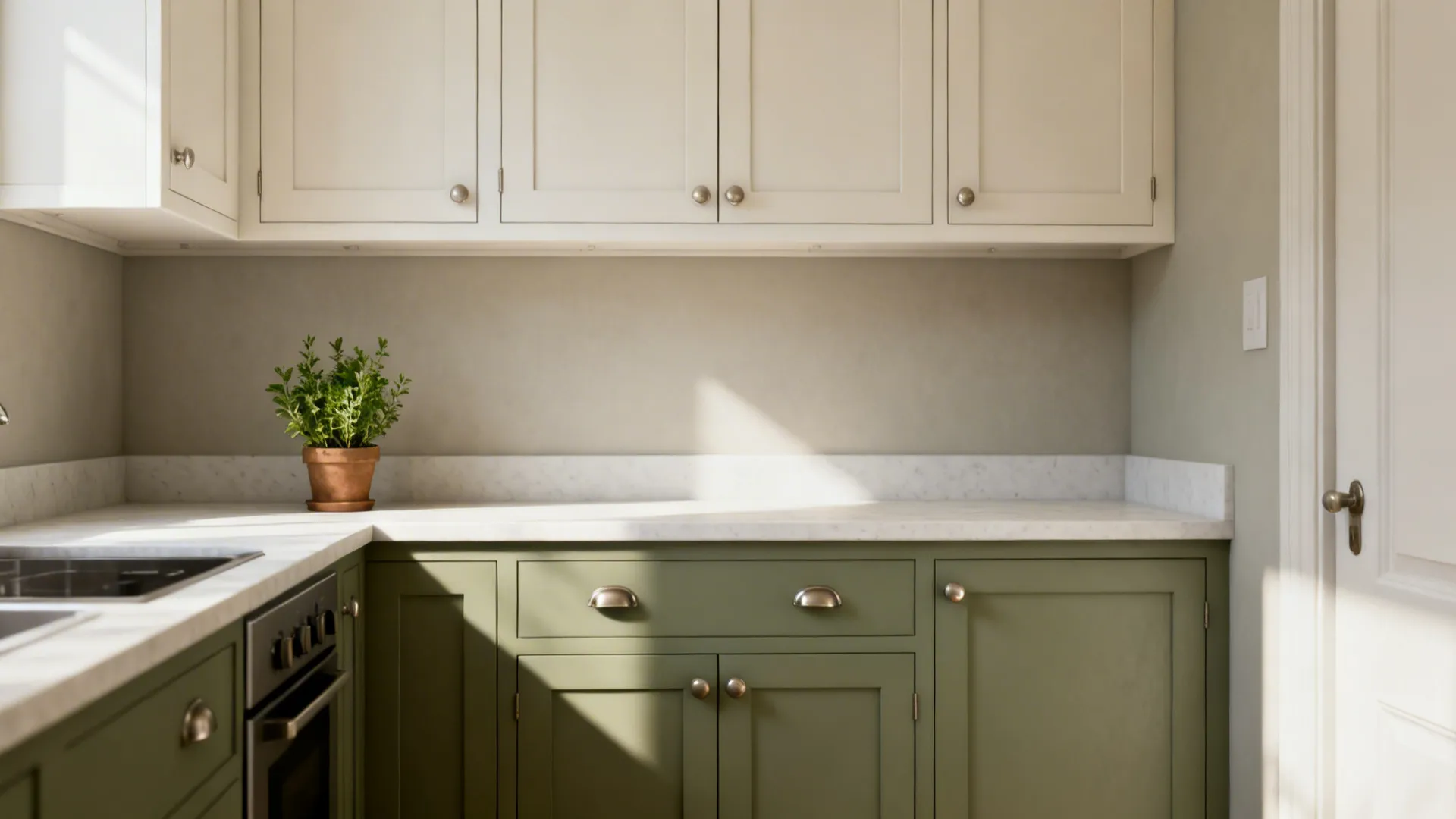 Modern kitchen with sage green lower cabinets cream upper cabinets white marble countertops and potted plant