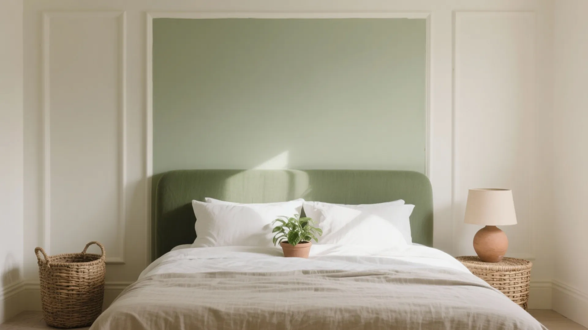 Cozy bedroom featuring green headboard white pillows table lamp and woven storage baskets room design