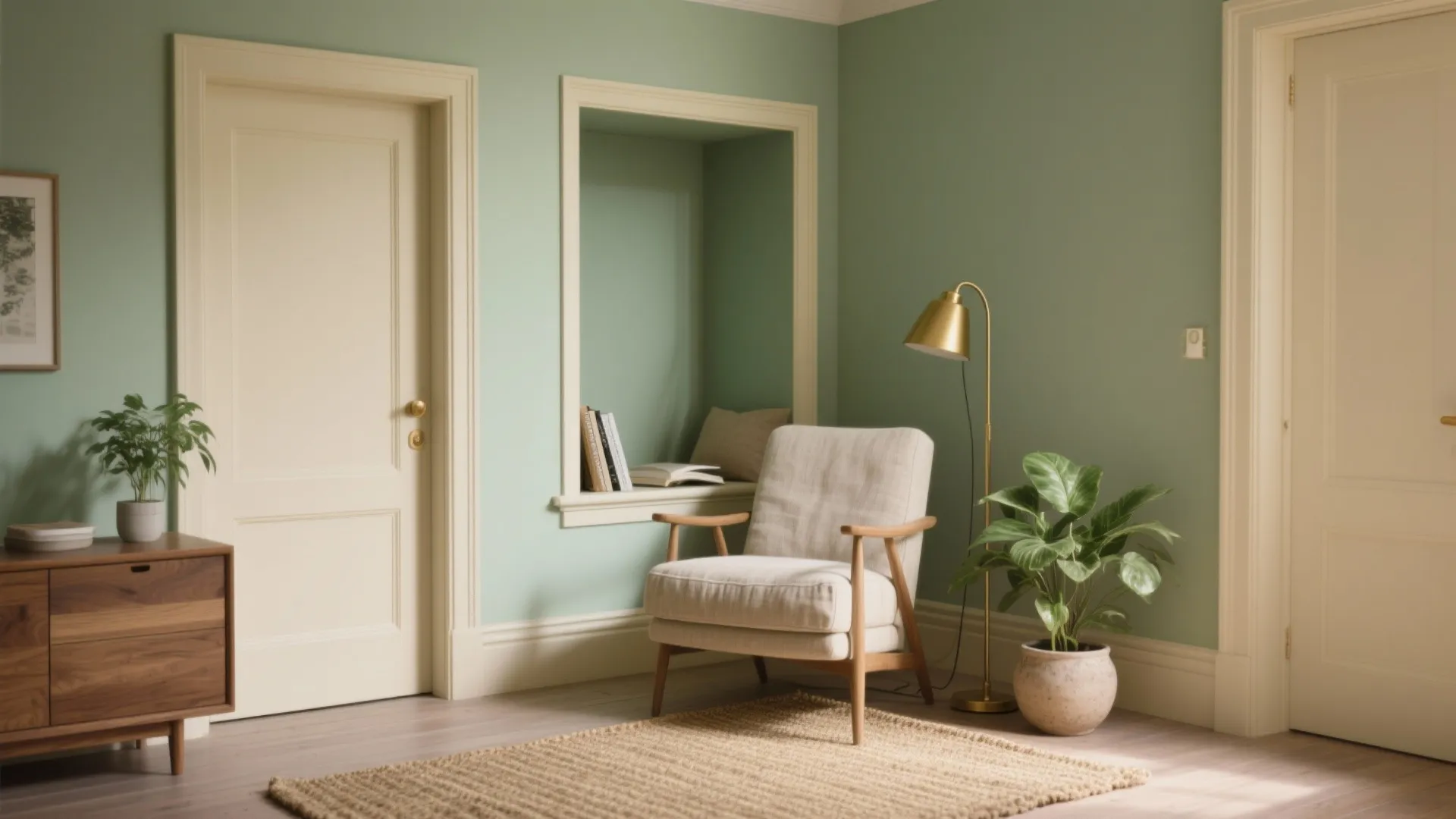Sage green room with cream chair wooden cabinet gold floor lamp green plant and white door