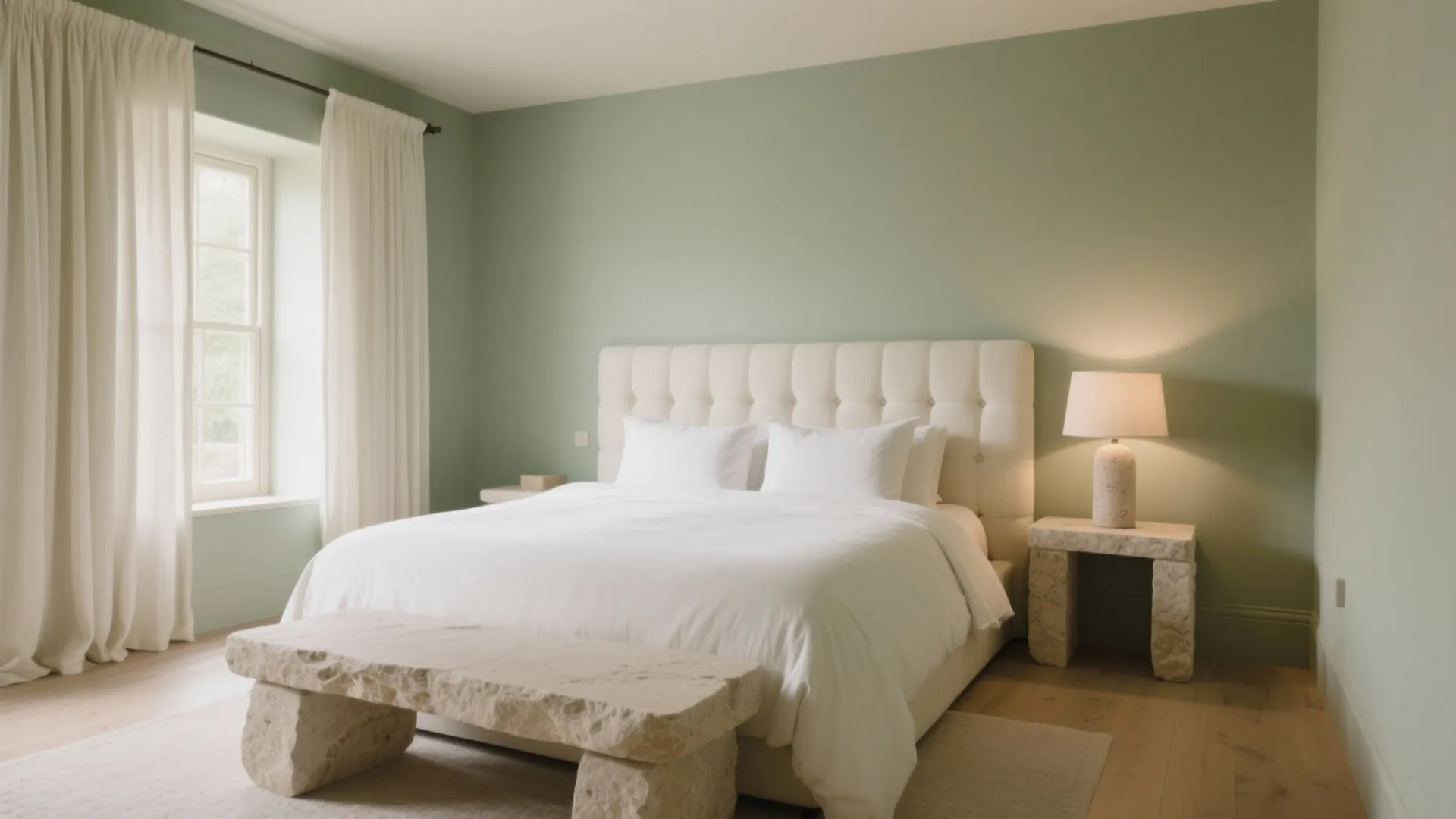 Sage and Cream with Natural Stone: Restful Bedroom Cocoon