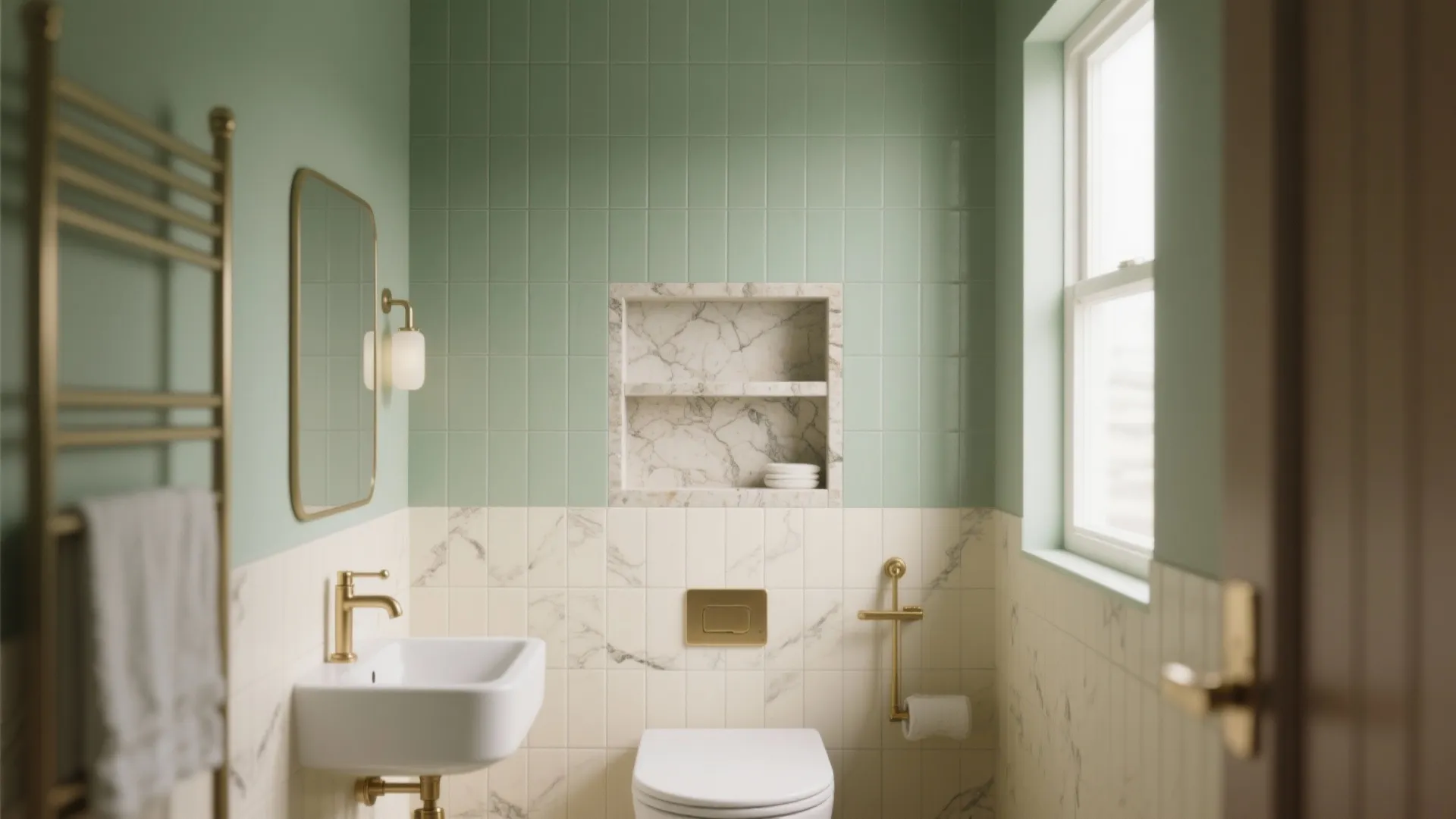 Small bathroom with sage green tiles marble wall panels gold wall light and a recessed shelf