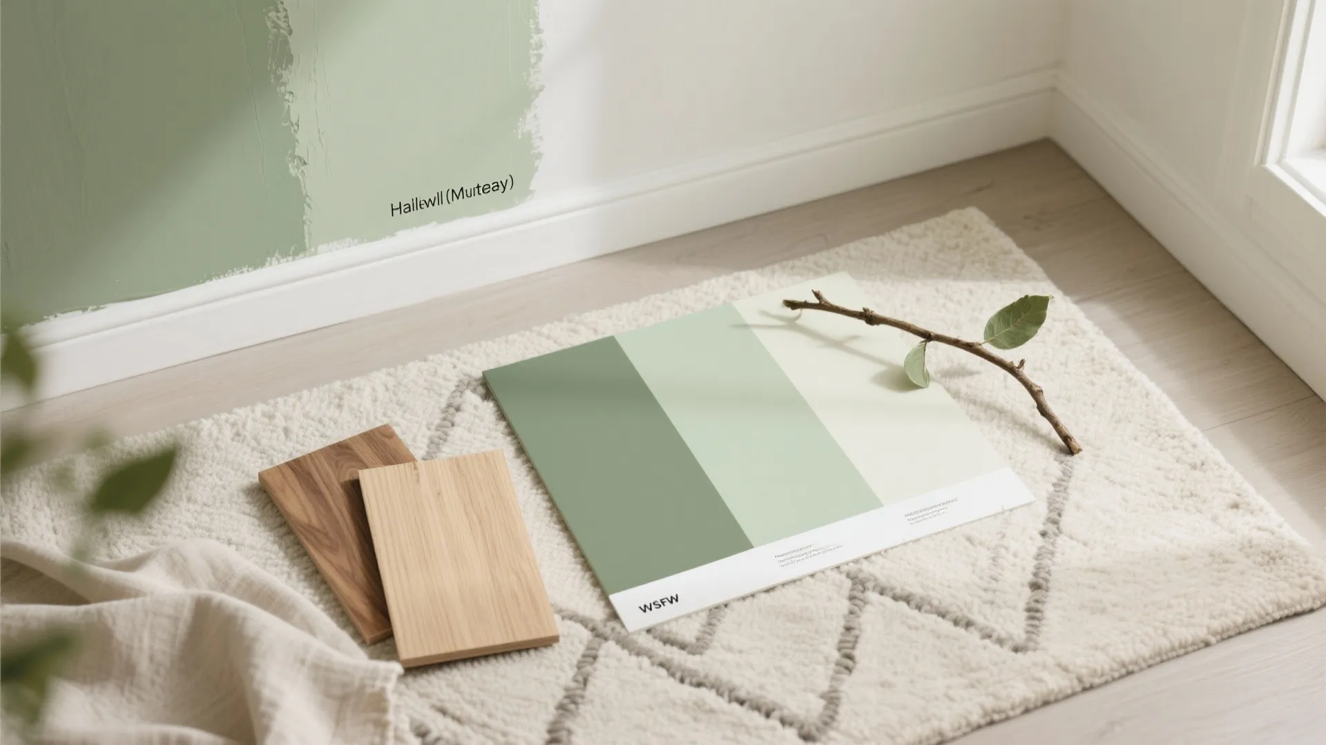 Top-down flatlay of sage and cream paint swatches with natural oak and linen textures.