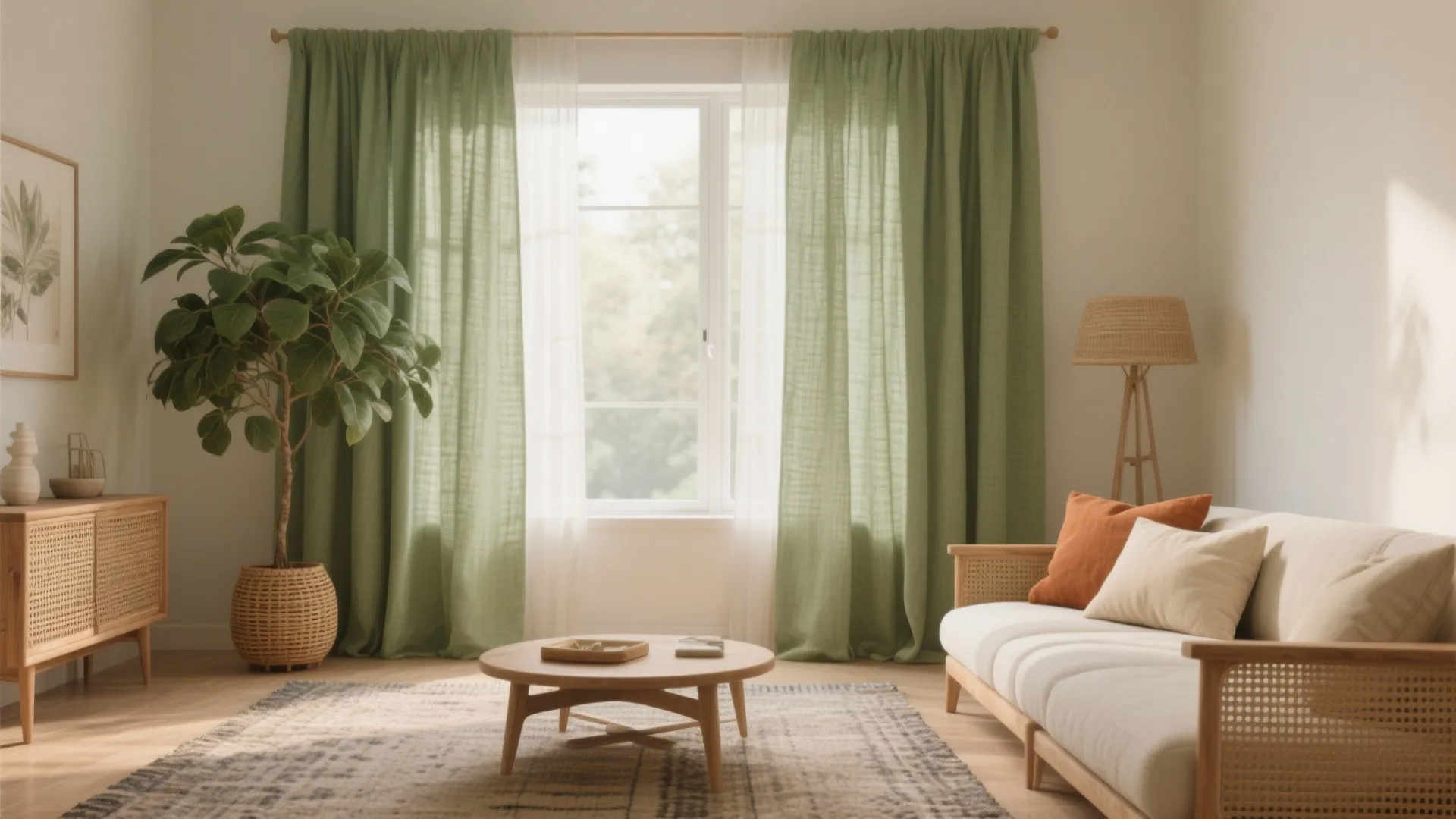 Bright living room with green curtains wooden sofa coffee table indoor plant and large window