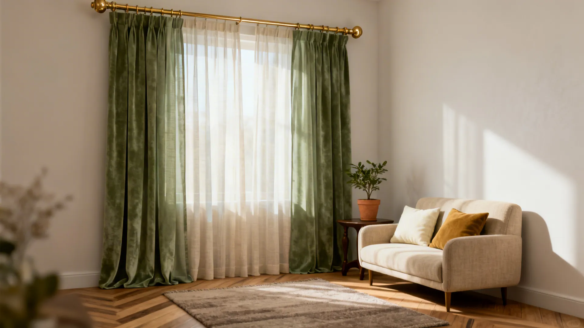 Living room with green curtains, beige sofa, wooden floor, rug, plant, and bright sunny windows