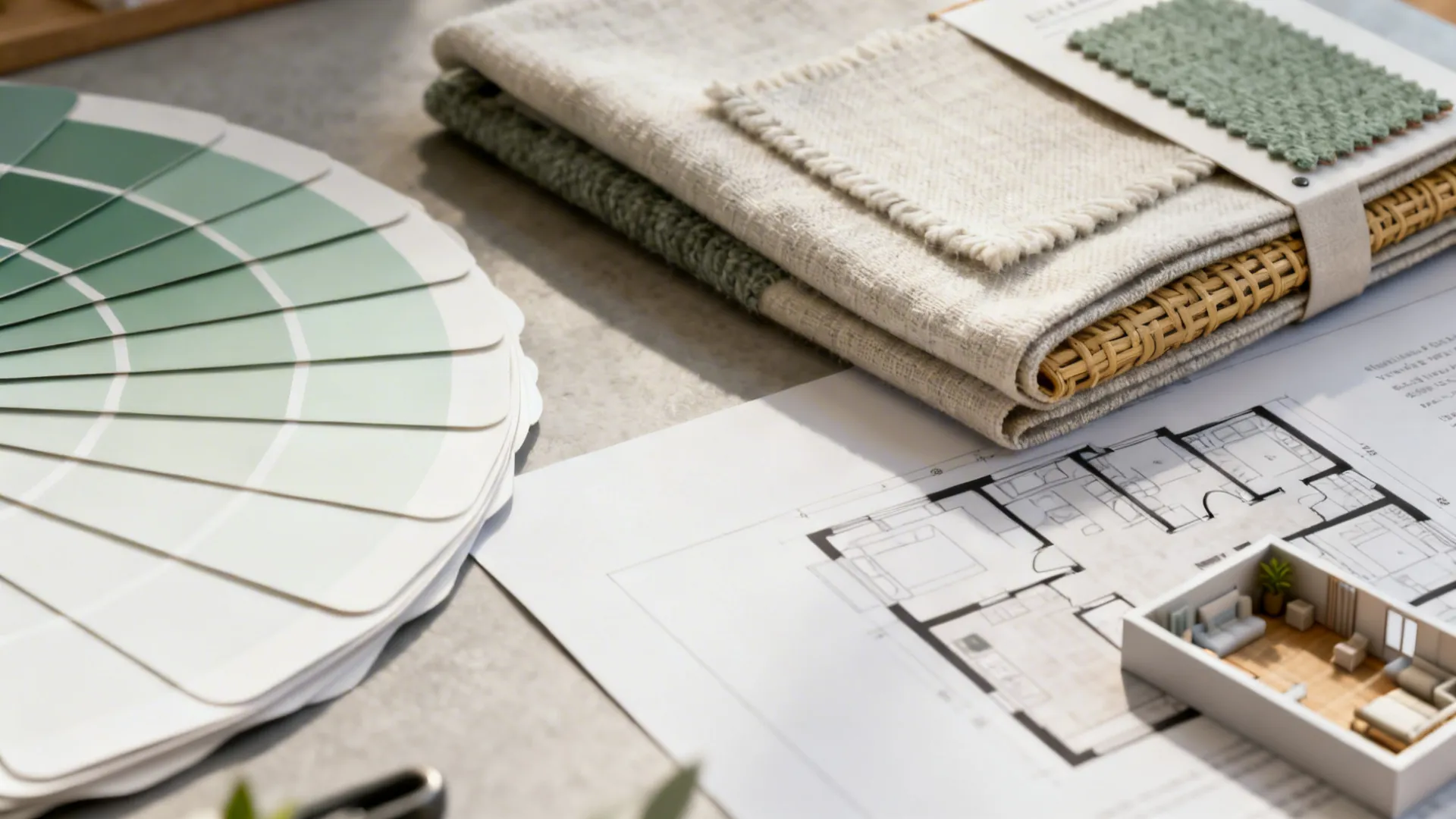 Close-up of sage and white paint swatches, fabric samples and a small 3D floor plan on a table.